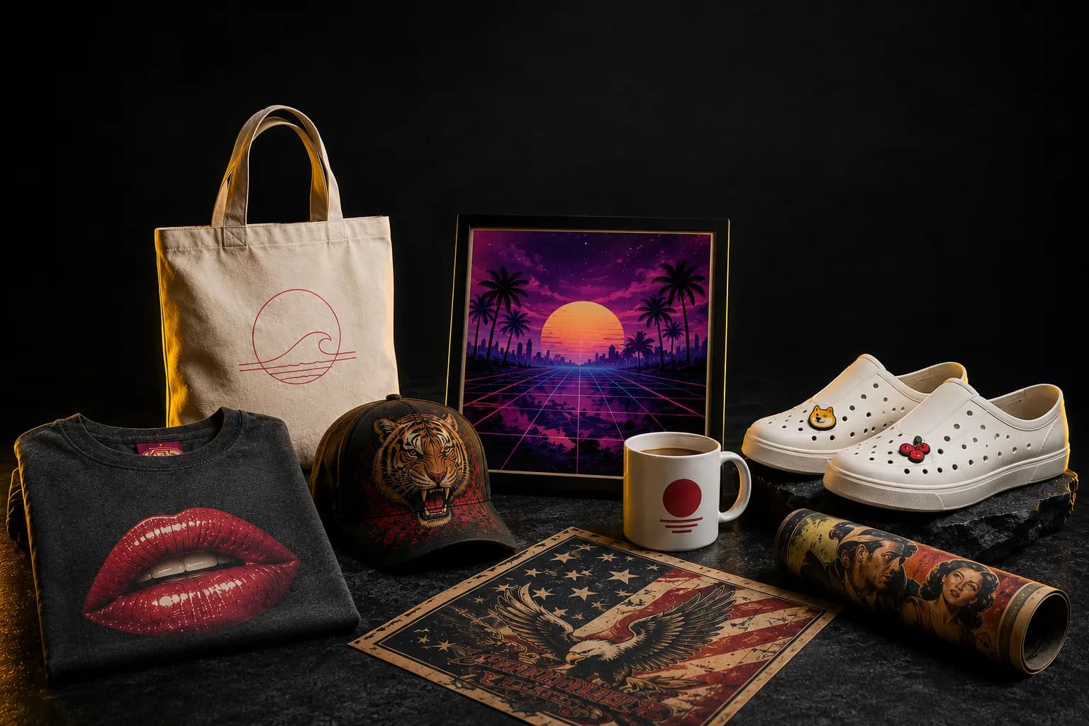 A spread of made-to-order JustOG products — tee, tote, framed print, poster, cap, mug and clogs, each carrying a custom design