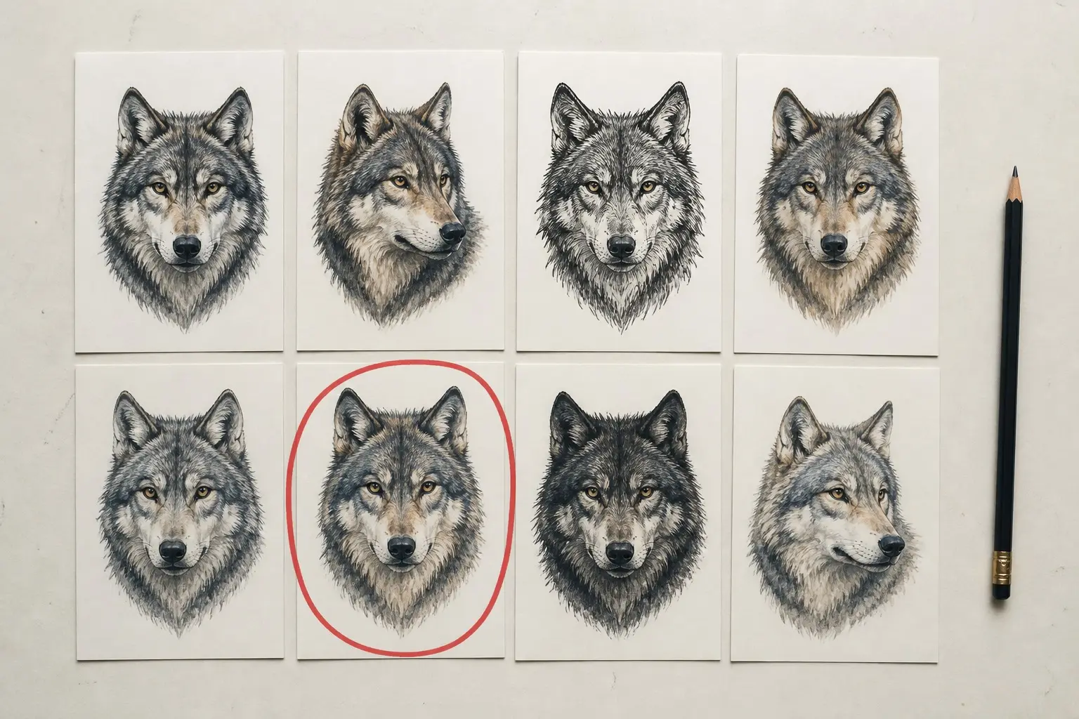 A contact sheet of eight printed cards laid out in a grid, each a variation of the same wolf design, with one circled by hand in red marker