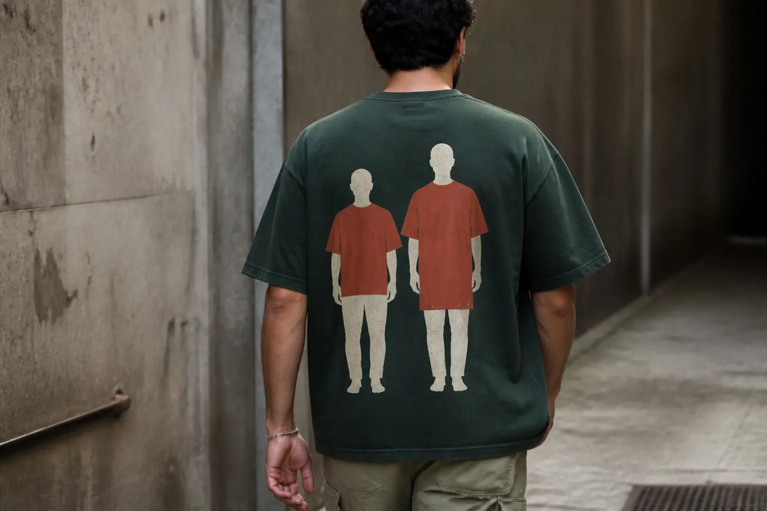 Two featureless standing silhouettes on forest green, at the same height on the page but different actual heights, both wearing the same garment identical in cut and in one irregular mark near the hem, sitting correctly on the shorter figure and too long on the taller one.