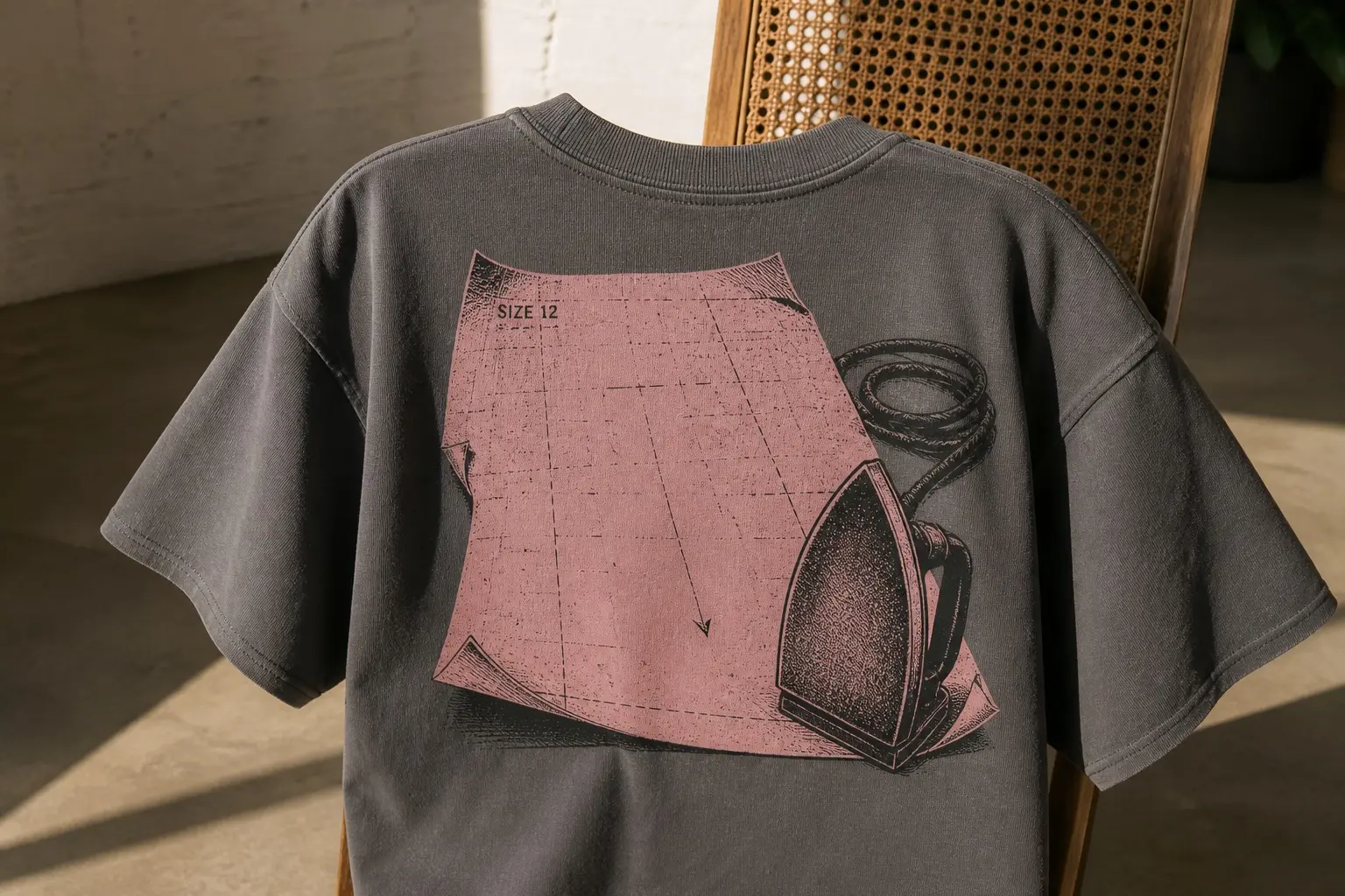 A warm grey tee draped over the back of a rattan chair, printed across the back with a large sheet of tissue pattern paper lifting at three corners and pinned down at the fourth by a cold flat iron on its heel, its cord coiled loosely behind it, the paper marked with dashed guide lines, an arrow, and the small annotation SIZE 12 near the top-left corner.