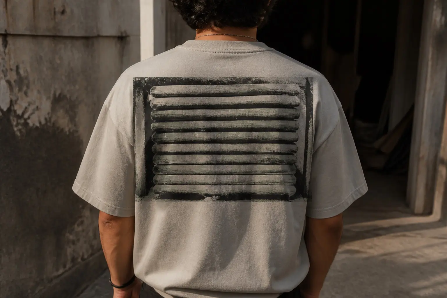 An open drawer in stone tones seen from directly above, packed edge-on with folded garments showing only their spines, the whole surface covered in an unbroken layer of dust with no finger tracks.