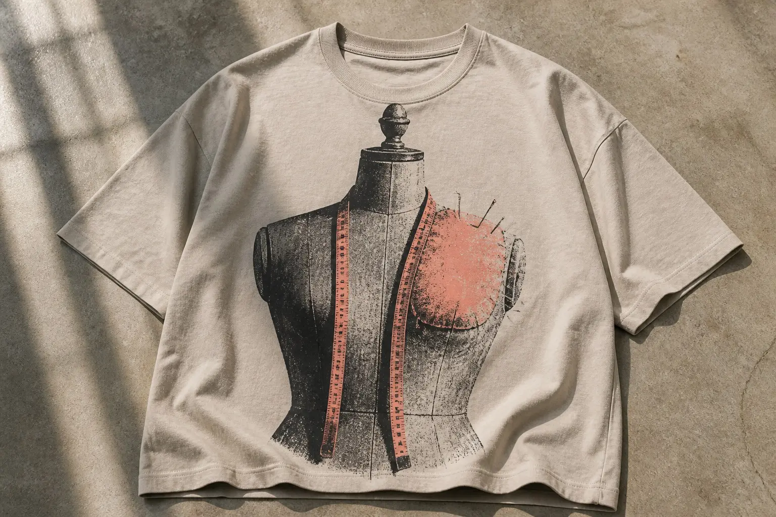 On a stone T-shirt, a large chest print of a dressmaker's dummy with a turned finial on top, a tape measure draped down its front, and a rough coral-toned pad of wadding pinned onto one shoulder, a few pins holding it in place, the other shoulder left plain canvas.