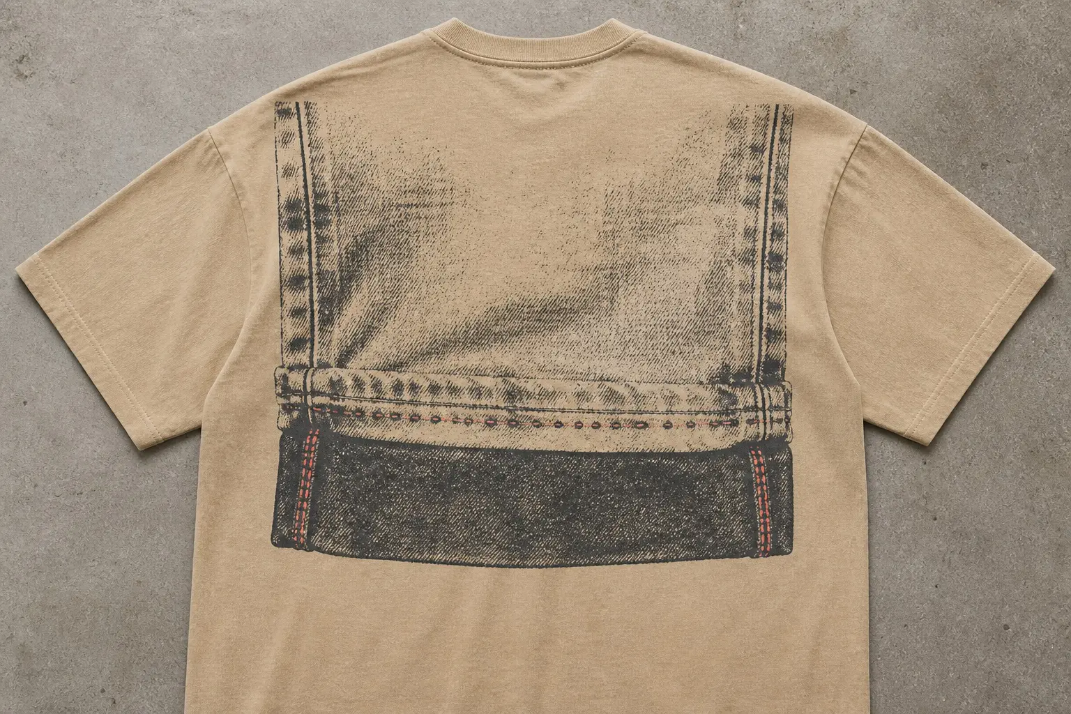 A warm sand background showing the bottom of a trouser leg, flat and enlarged, with the hem let down so the fold is opened and the fabric extended, leaving a hard horizontal crease where the old hem was and, below it, a band of visibly darker, unfaded cloth with a line of small stitch holes from the previous hem running along the crease.