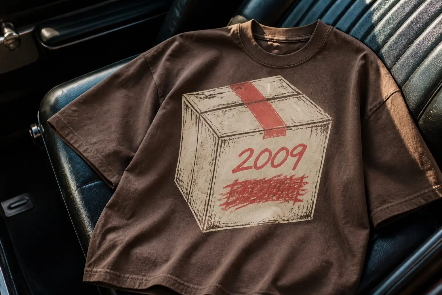An umber-toned taped cardboard box on bare boards, sealed shut, marked 2009 in thick marker with a second word scribbled out completely beneath it, its corners dented and dusty.