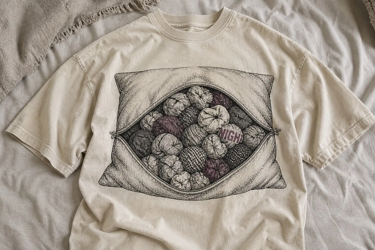 A bone-coloured cushion straight on, its cover cut open along one seam and folded back to reveal the filling — tightly packed balls of cut-up cloth in many tones and weaves — with one ball showing a crumpled fragment of printed lettering, NIGH, where the cloth creases.