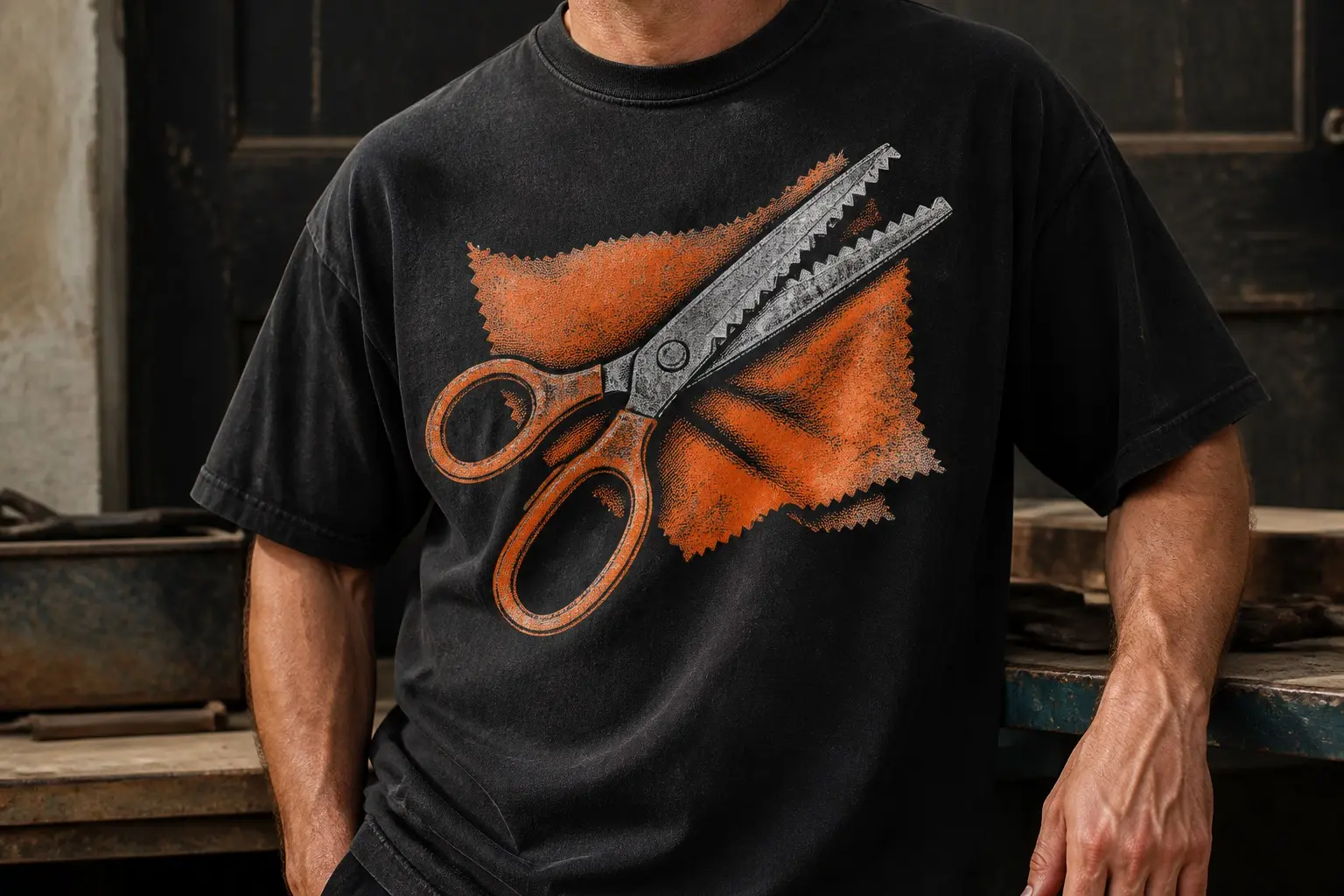 A black tee worn from the chest down with a large front print of an open pair of pinking shears in steel grey lying diagonally across a scrap of rust-orange cloth cut with a matching zigzag edge, the finger loops rust-orange with one pale worn patch and a dark rivet at the pivot.