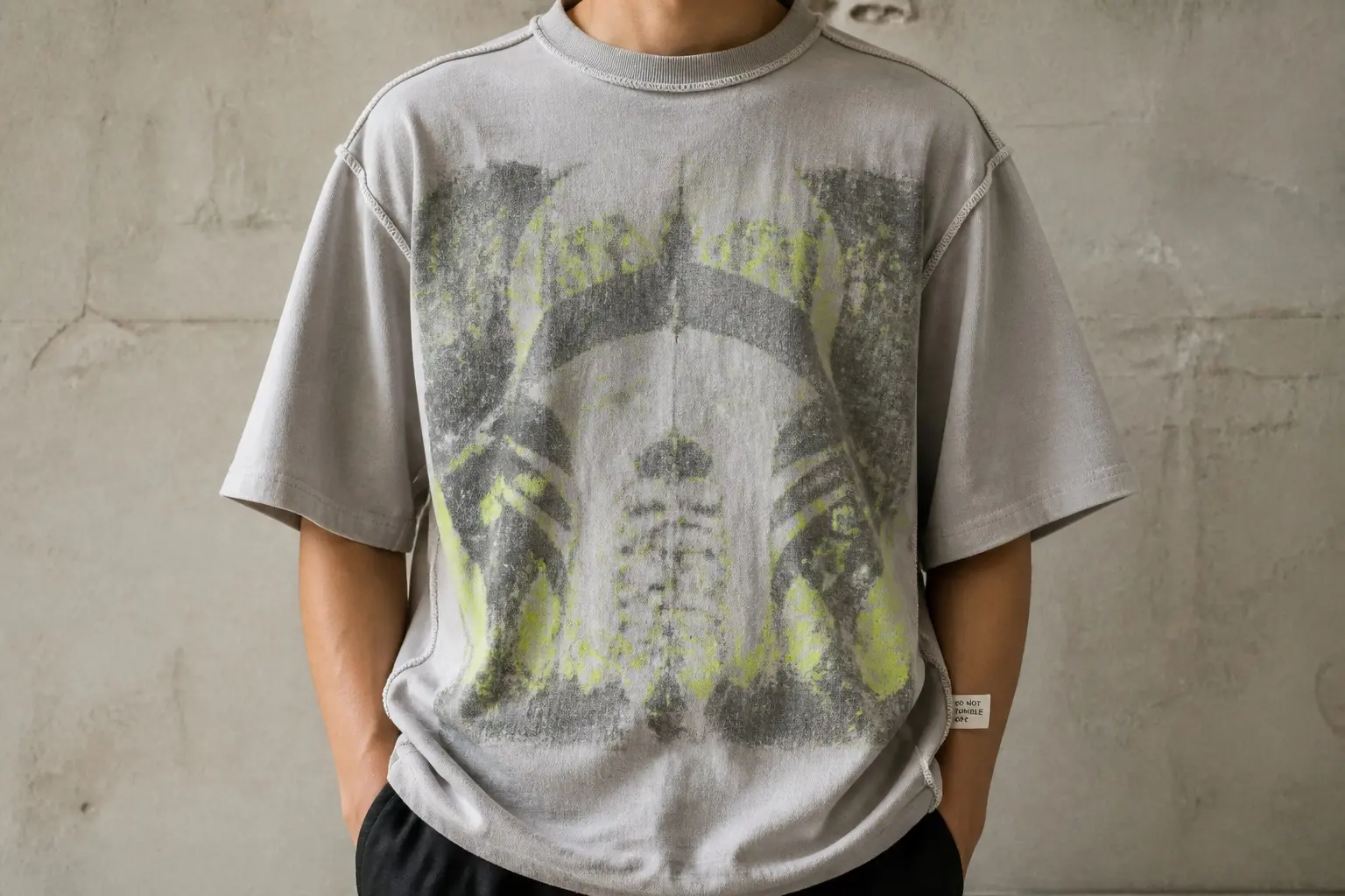 On pale grey, one t-shirt flat from the front rendered inside out — shoulder and side seams as raised overlocked ridges on the outside, the neck tape exposed as a visible band, and where a chest print would be, its reverse ghost showing through the cloth as a faint mirrored blur with no legible shape. A small care label sticks out at the side seam.