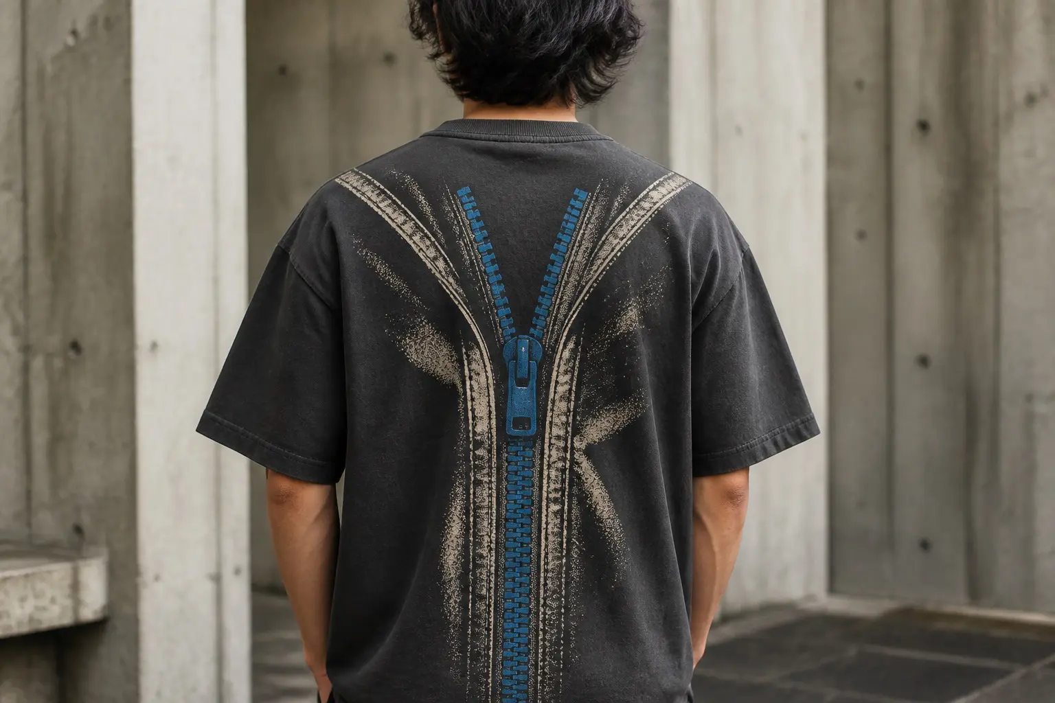 On charcoal, one garment front opening drawn vertical and very large, cloth and stitching all in one dark tone, with a full-length replacement zip in a completely different bright colour — tape, teeth and slider all mismatched — the old zip's original stitch holes visible as a faint parallel line beside the new stitching.
