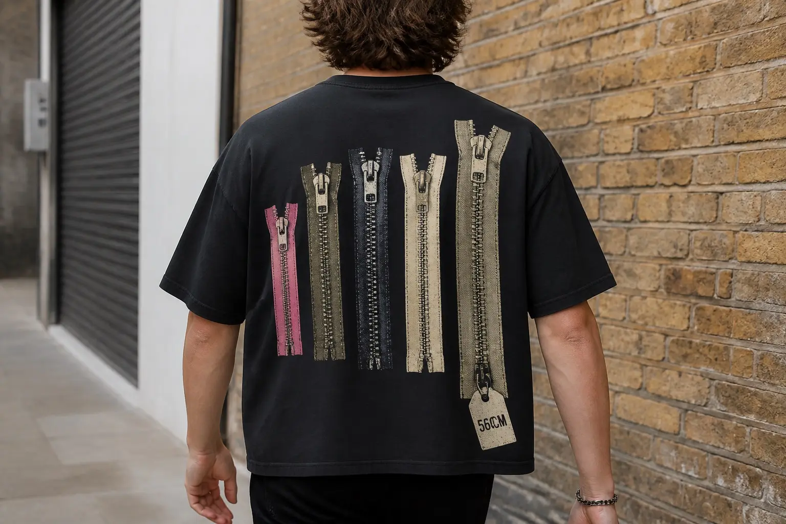 A black T-shirt seen from behind on someone walking away past a brick wall, printed across the back with a row of loose zips laid flat end to end from shortest on the left to longest on the right, spanning clashing colours — pink, olive, navy, bone, and a darker olive — with the longest zip at the far right carrying a small tag printed 56CM.