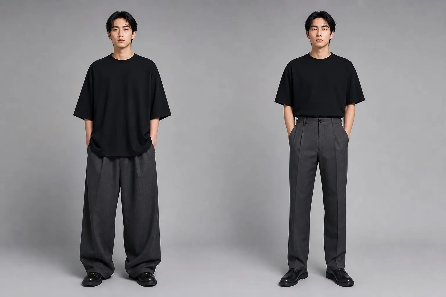 The same person photographed twice in the same black boxy tee — once untucked over wide pleated trousers, once tucked into straight tailored trousers