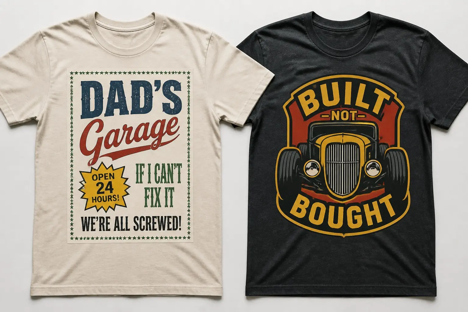 Two graphic tees side by side — the left a bordered poster panel in four different typefaces, the right a solid two-colour hot-rod emblem with one lettering system