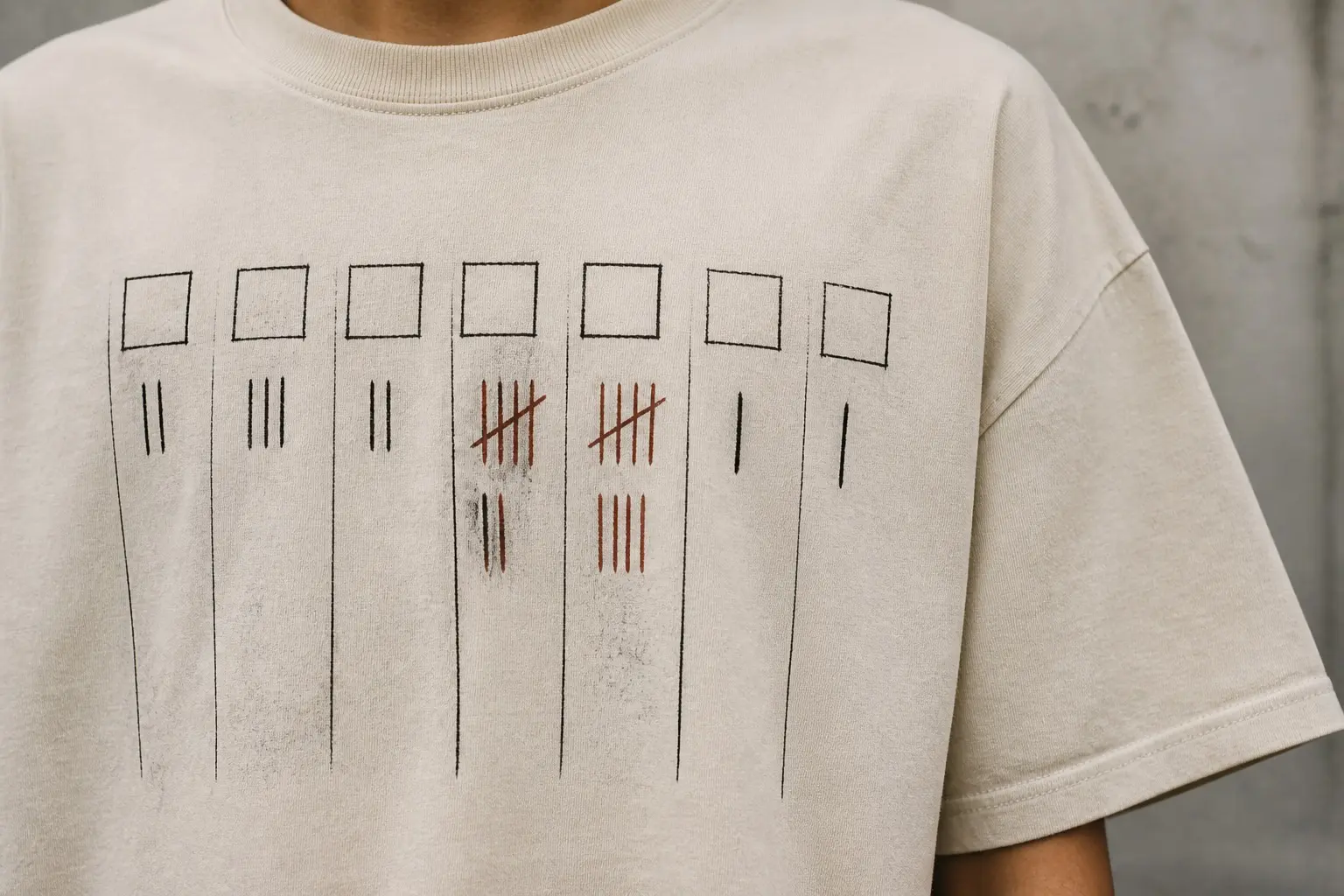 A bone-coloured sheet ruled into seven equal columns each headed by a plain empty box, filled with hand-drawn tally strokes in two visibly different biro inks — two or three strokes in the first three columns, seven and nine in the middle two, one each in the last two.