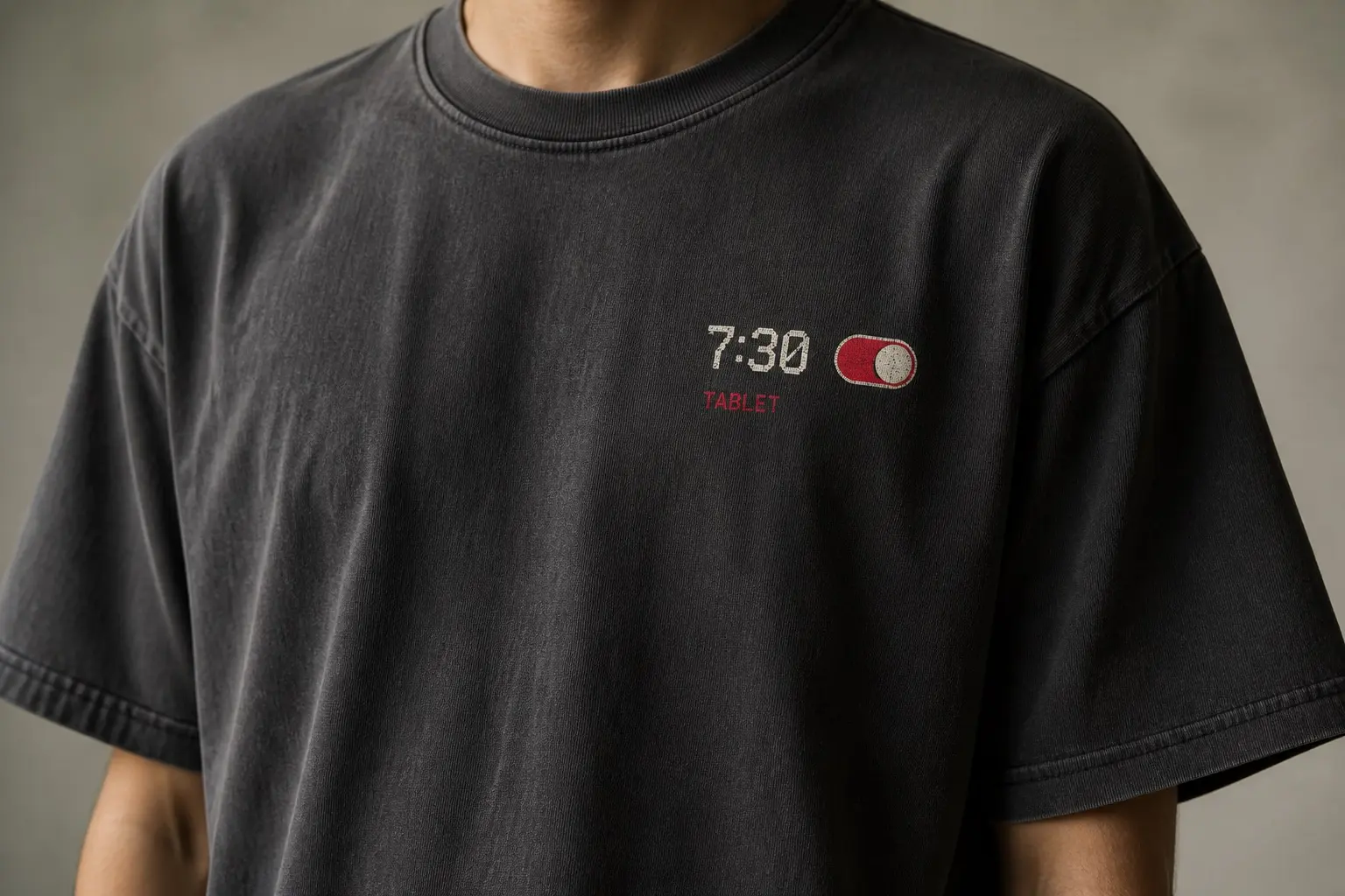 A charcoal tee with a small badge-sized chest print of a phone alarm row at actual size — the time 7:30 in large digits, a toggle switch drawn on at the right, and beneath it one very small label reading TABLET.