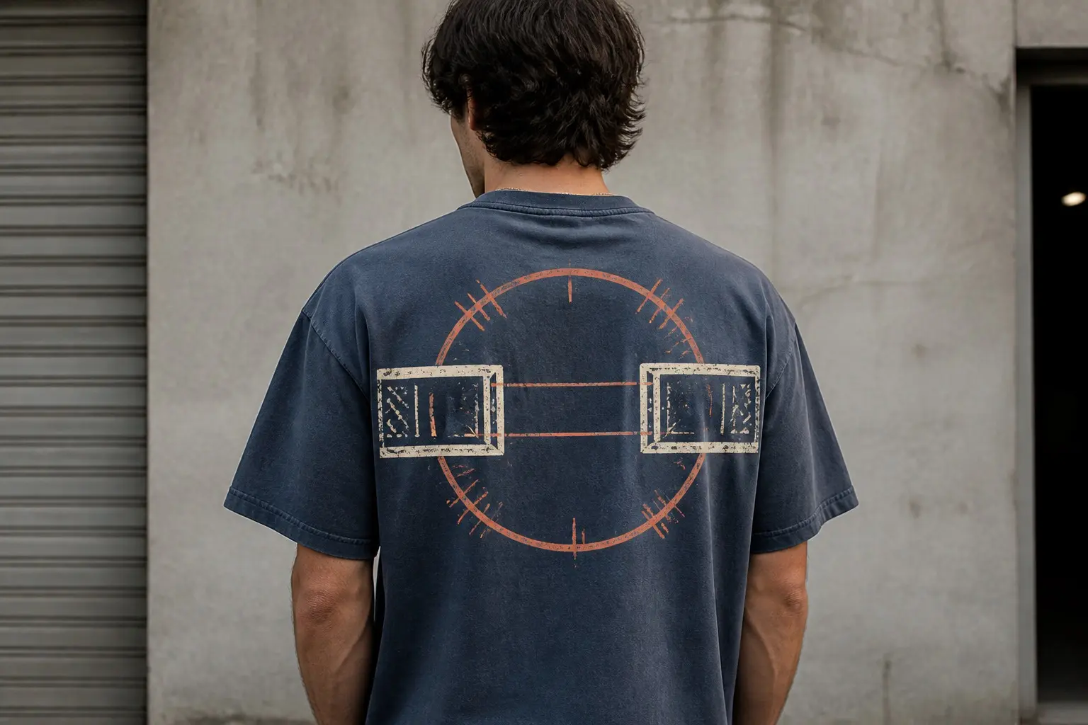 A slate-blue tee printed with a plan-view technical diagram of a doorway seen from above, the opening marked by two hard lines and a perfect circle drawn across it whose diameter is clearly wider than the gap, with eleven short scuff marks around the two door edges where the circle has struck, some heavier than others, no text and no measurements, drawn in the style of technical plan drafting.