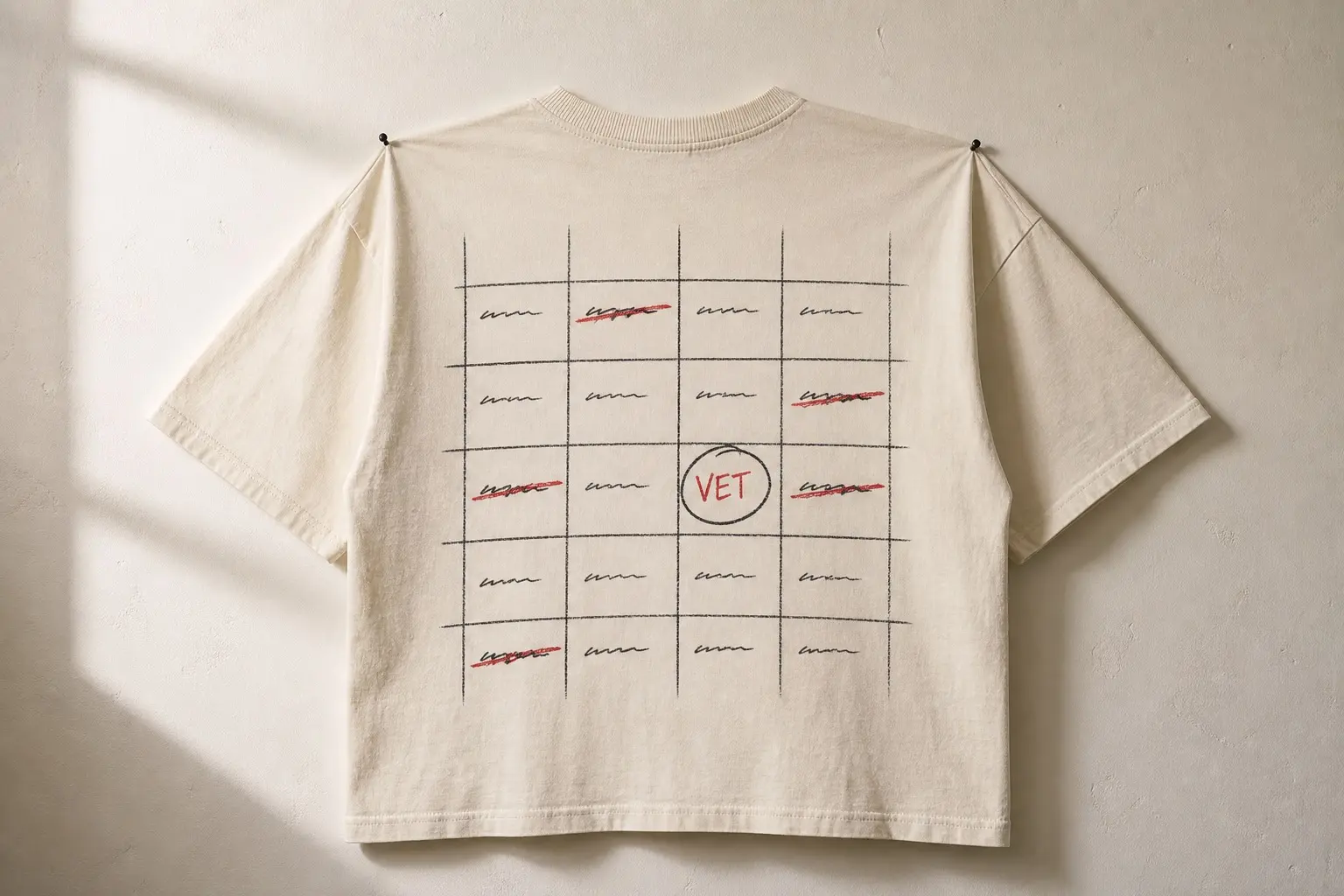 A bone tee with a wall calendar grid of days, no month name and no numbers, six cells holding an illegible handwritten entry, four struck through with one hard line, and one cell near the middle circled around the single readable word VET.