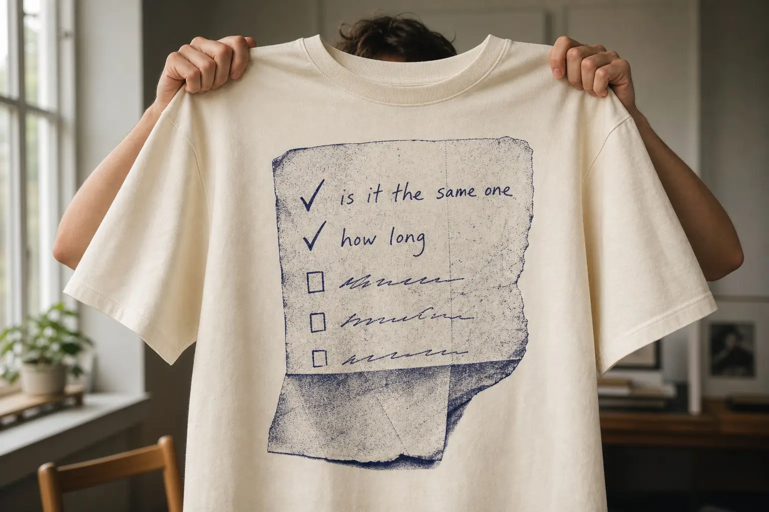 A cream tee printed with a small torn scrap of paper carrying five hand-written questions in biro, the first two ticked and reading is it the same one and how long, and the last three folded into the crease and illegible.