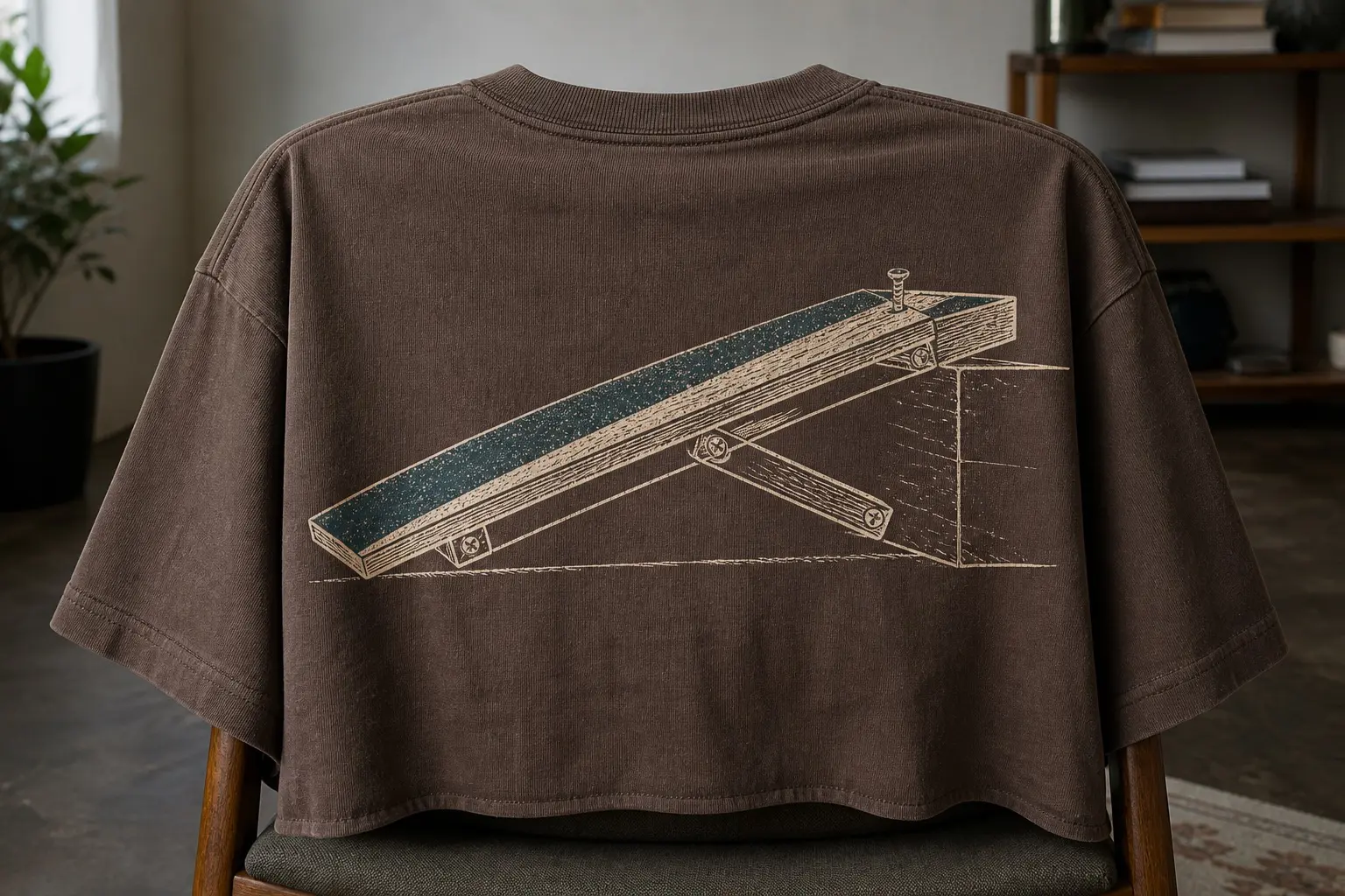 On umber, one home-made ramp drawn from the side as a plain technical outline, a plank running from the floor to a low step, two timber offcuts screwed underneath as bracing at slightly different angles, a grip strip along the top whose edge is not quite parallel, four screw heads with one not fully driven in, no text.