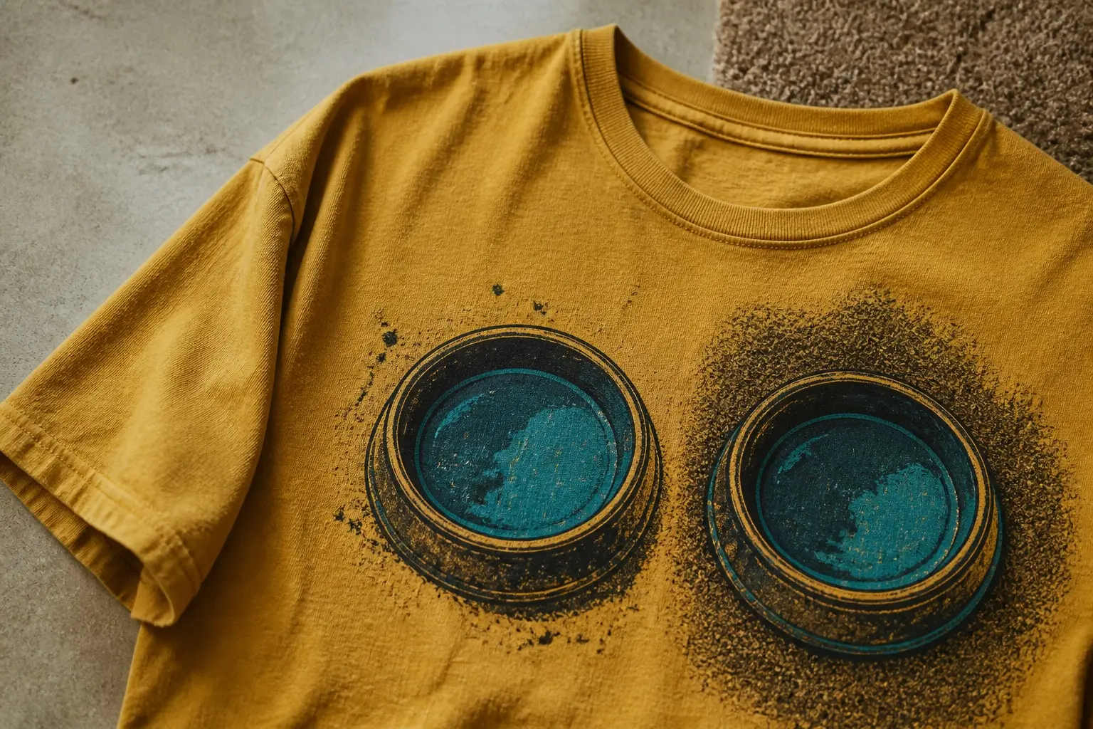 Two identical water bowls on mustard, seen directly from above and drawn at the same scale, each surrounded by an irregular darker area where water has been spilled repeatedly, the floor the same around both bowls, no text.