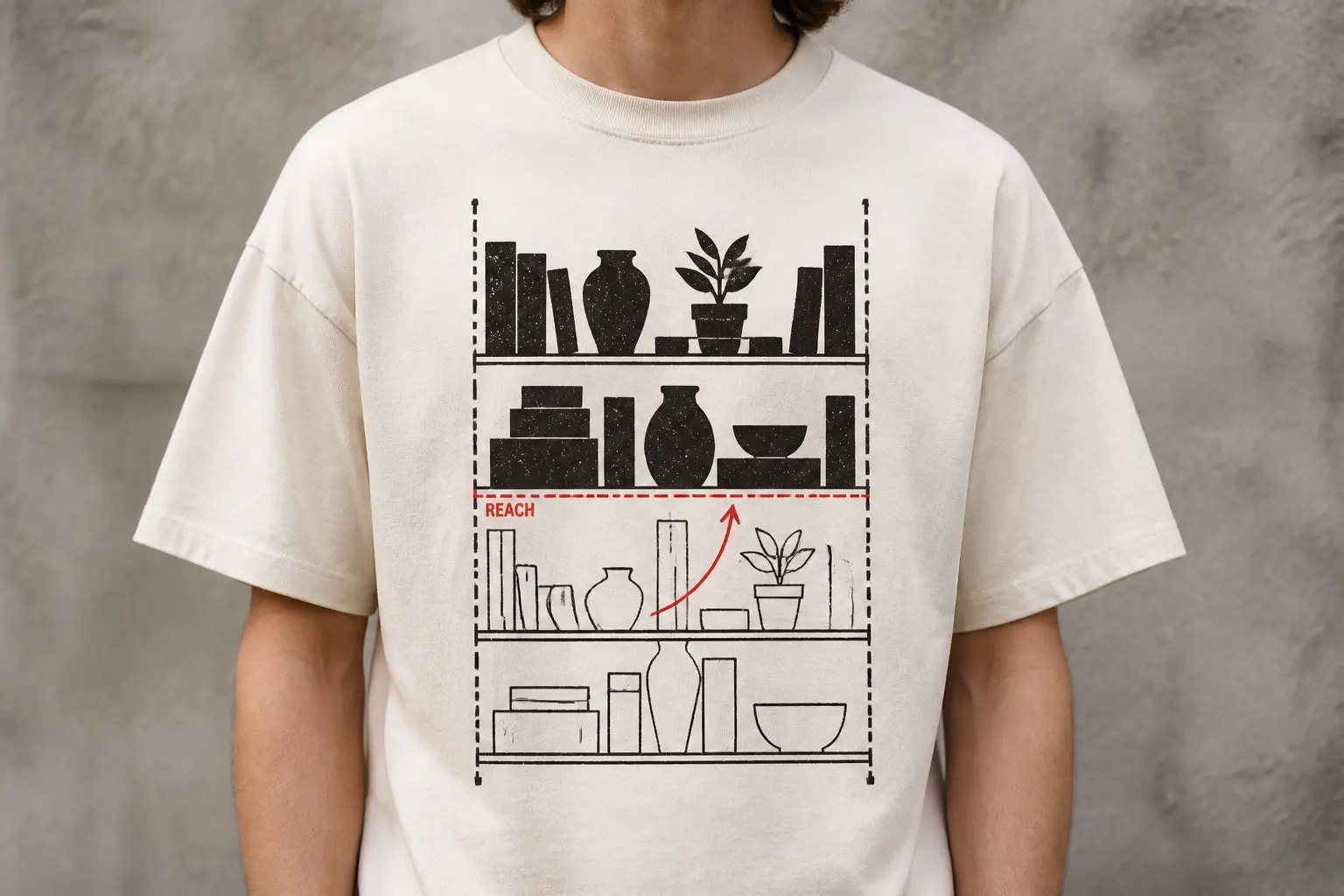 An elevation of a four-shelf unit on bone, the bottom two shelves holding the same objects as plain empty outlines and the top two holding them as solid filled shapes packed close together, a horizontal dashed line between the second and third shelves labelled REACH, and a small curved arrow showing one object moving from below the line to above it.