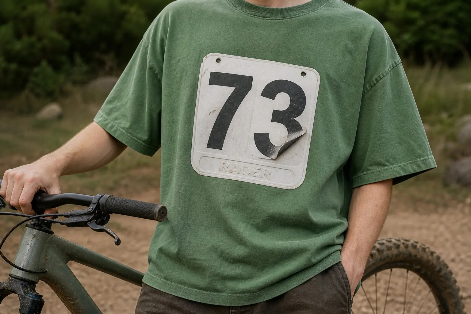 A grass green tee worn from the chest down beside a bicycle, printed with a moulded plastic bicycle number plate — a stick-on numeral 7 and a peeling stick-on numeral 3, both applied slightly crooked, two mounting holes along the top, and RACER moulded small into the plastic.