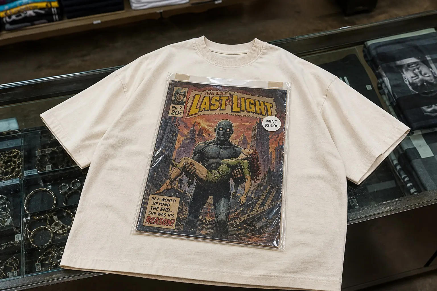 An off-white tee flat on a shop counter, printed with a comic sealed in a polythene bag with the flap folded and taped, a white backing board edge visible behind it, the newsprint colours slightly dulled through the plastic, and a small round sticker reading MINT with a price beneath.