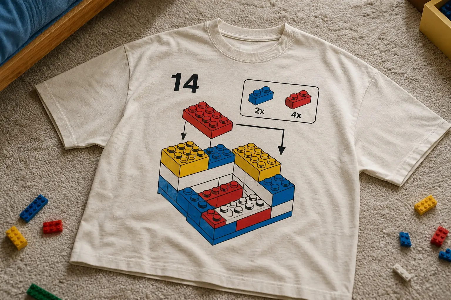 A bone-coloured tee flat on a bedroom carpet beside loose building bricks, printed with an isometric line diagram of a partly built model showing the number 14 in the corner, a small callout box with two pieces labelled 2x and 4x, and a large arrow indicating where the next piece attaches.
