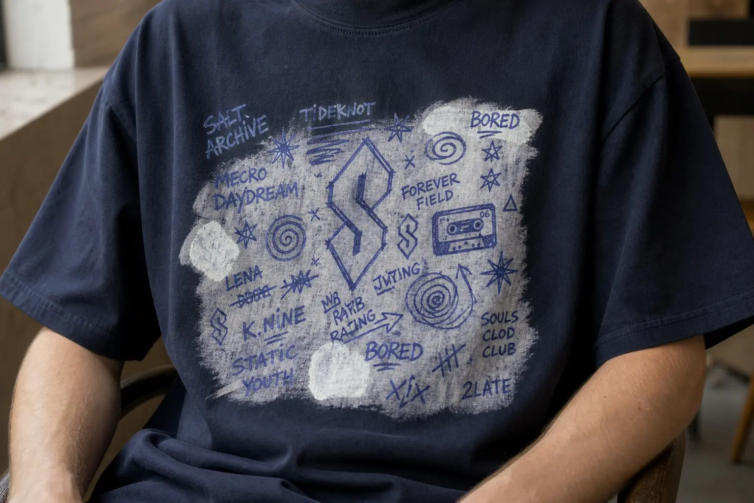 A navy tee worn from the chest down, printed as a pencil case's canvas surface densely covered in blue biro — a repeated pointed S shape, initials boxed in corners, spirals, a small cassette tape drawn in outline, invented band names, tally marks, BORED written twice, and three patches of dried white correction fluid sitting over earlier marks.
