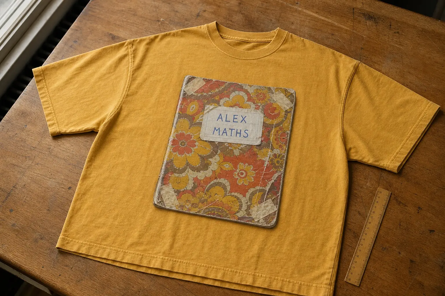 A mustard tee flat on a wooden desk beside a ruler, printed with a school exercise book covered in a busy patterned wallpaper, visible fold lines and sellotape at each corner, and a small white label stuck on crooked with a name and MATHS written on it in biro.