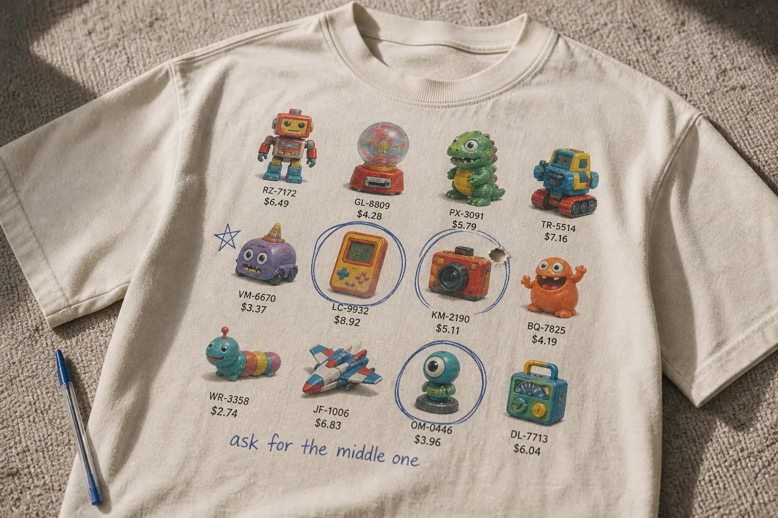 A cream newsprint tee flat on a carpet beside a pen, printed with a dense catalogue grid of twelve toy photographs each carrying a code and a price, three of them circled hard in blue biro with the pen breaking through the paper on one, a star drawn beside another, and ask for the middle one written in the margin.
