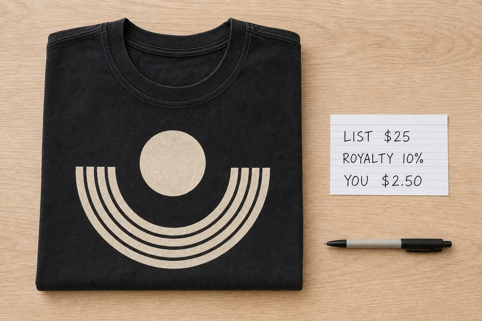 A folded black tee with a plain cream geometric print beside a handwritten index card carrying three short lines of figures, and a pen