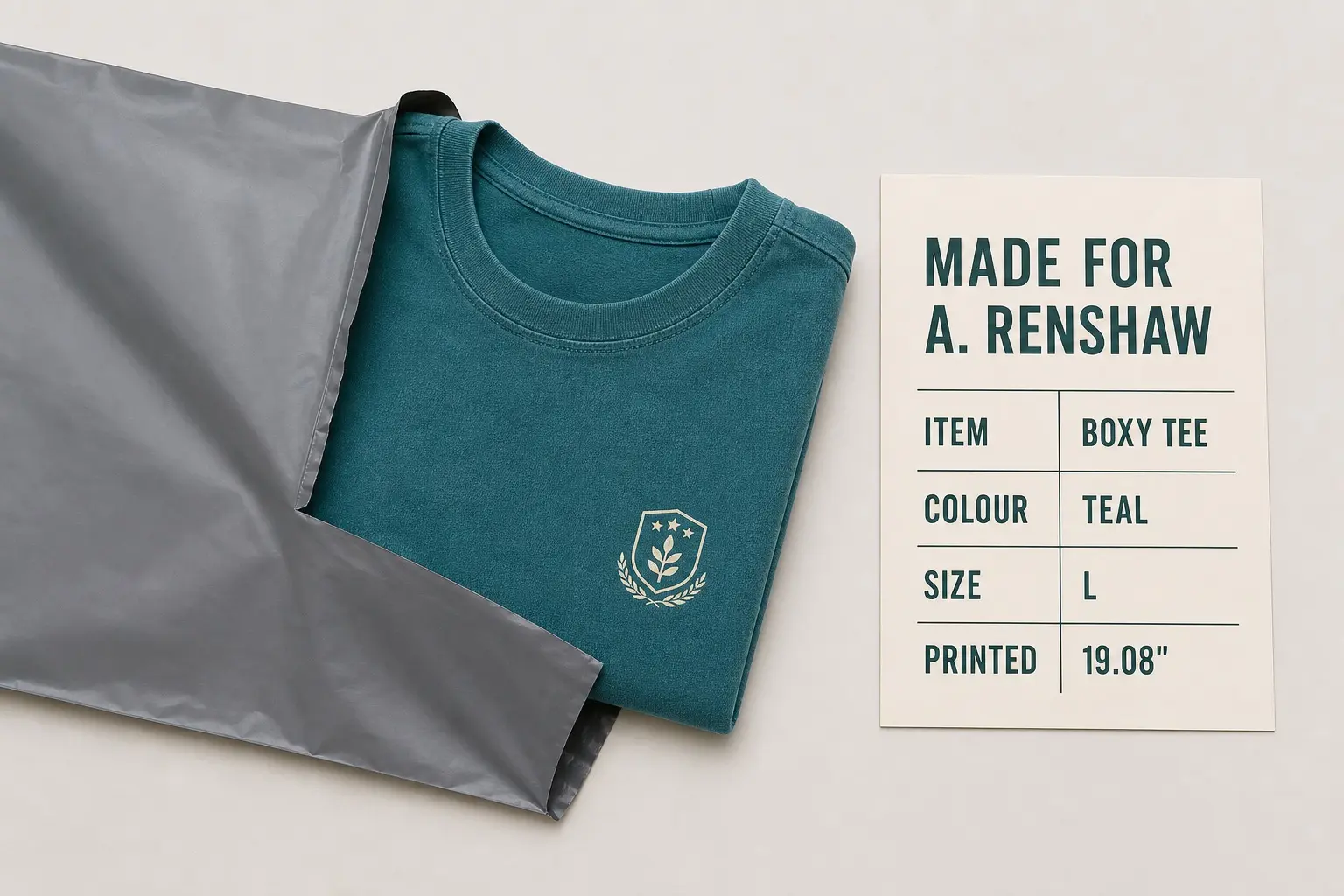 A teal tee half pulled from an opened grey mailing bag, a small crest printed in cream on the chest, beside a printed paper slip carrying a name and a line of order detail.