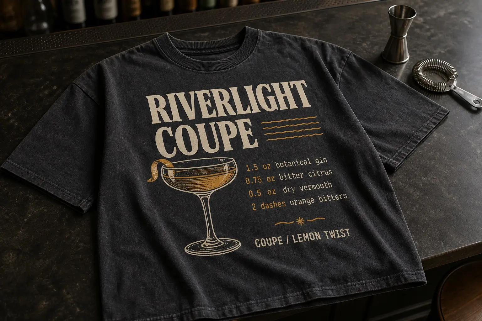 A charcoal tee on a bar top beside a jigger and a strainer, printed with a cocktail spec card listing four measures in monospace with a coupe glass icon and a garnish line