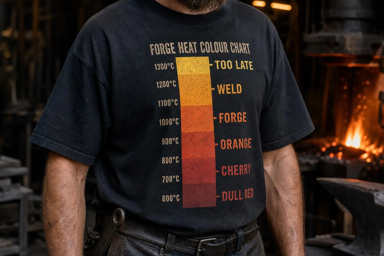 A black tee printed with a vertical forge heat colour chart graduating from dull red at the base through cherry and orange to pale yellow, labelled with temperatures from 600C to 1300C and the words FORGE HEAT COLOUR CHART at the top