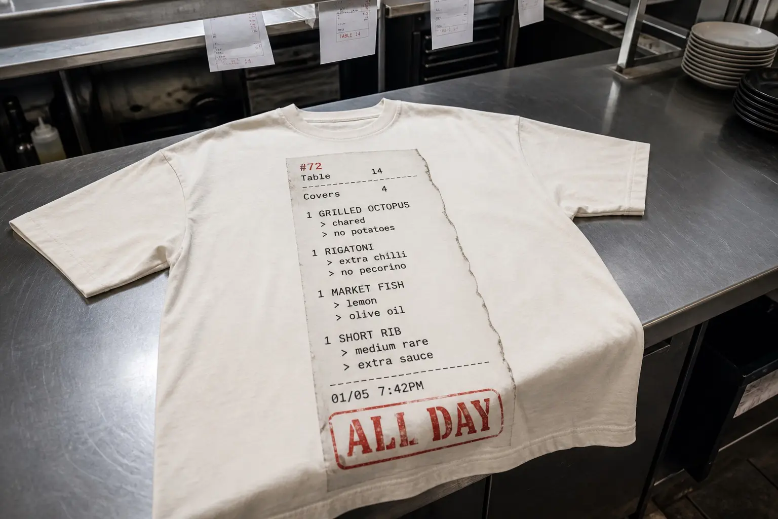 A bone white tee on a stainless steel pass beside a ticket rail, printed with a dot-matrix kitchen dupe listing four covers with modifiers and a red stamp reading ALL DAY