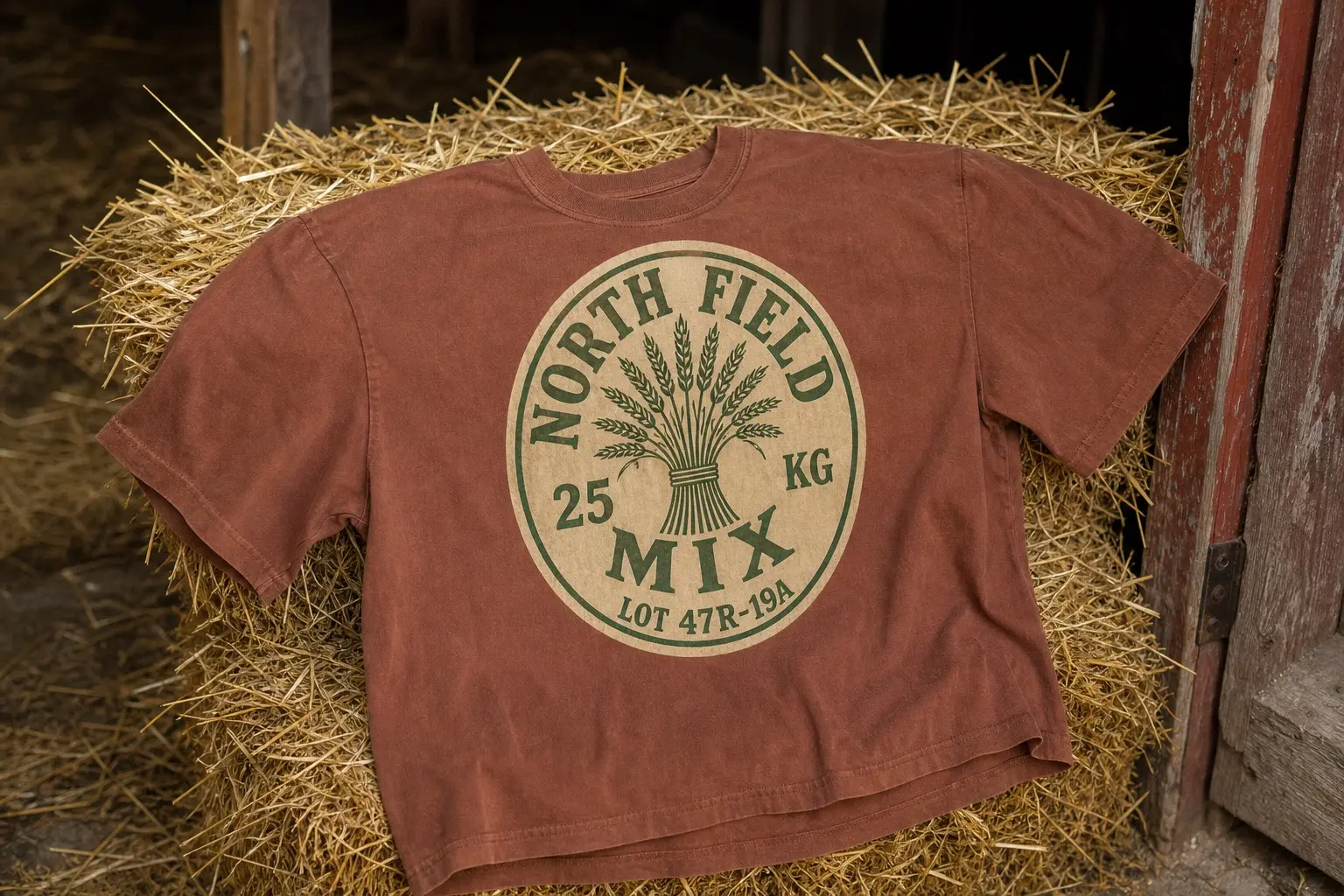 A rust brown tee on a bale of straw in a barn doorway, printed with a feed-sack style oval label showing a wheat sheaf, the words NORTH FIELD MIX, a 25 KG weight statement and a lot number