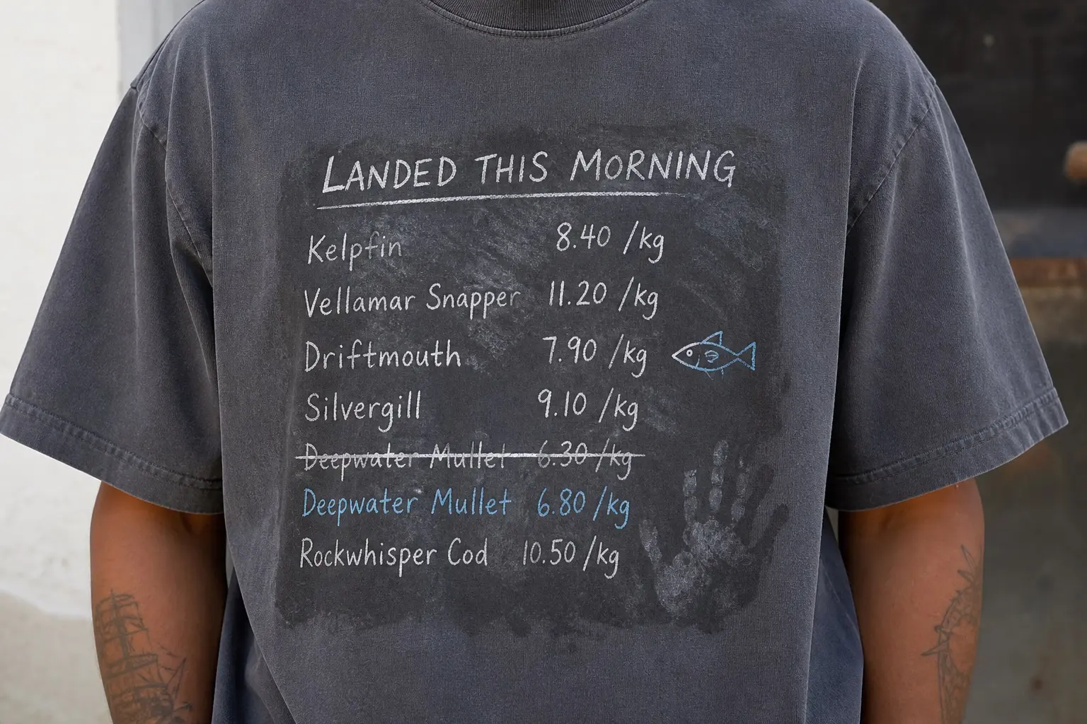 A washed charcoal tee printed with a chalk slate board reading LANDED THIS MORNING over a price list in chalk white, one line struck through and rewritten in blue, and a small chalk fish in the margin.