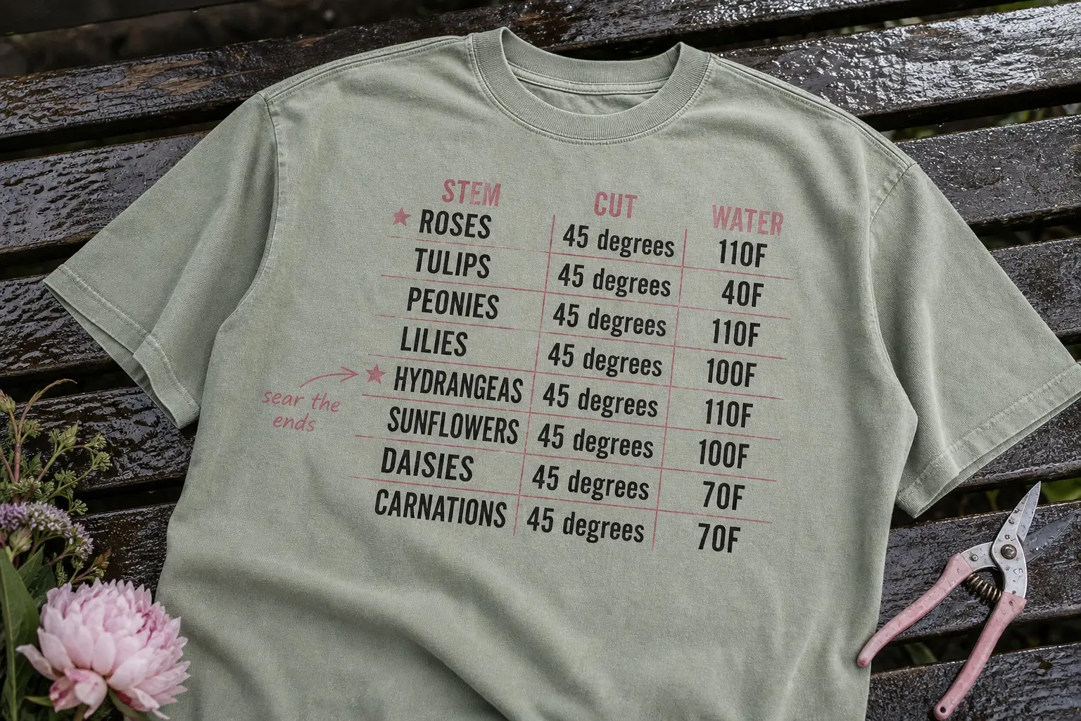 A sage tee printed with a ruled three-column chart headed STEM, CUT and WATER, listing roses, tulips, peonies and other stems with cut angles and water temperatures in black and dusty pink.