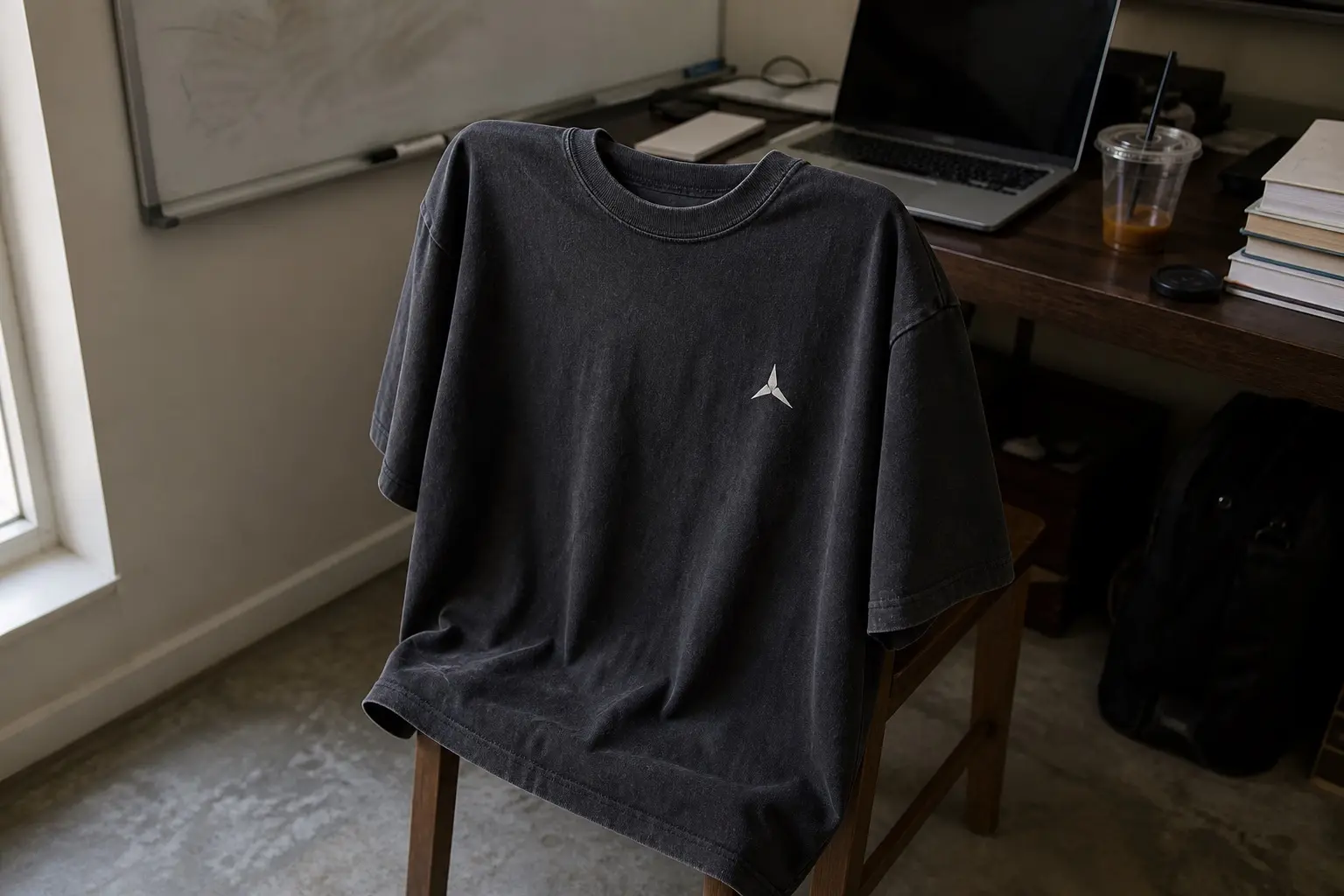 A single washed black t-shirt with a small chest mark, hanging on the back of a chair in a home office beside a laptop and a whiteboard