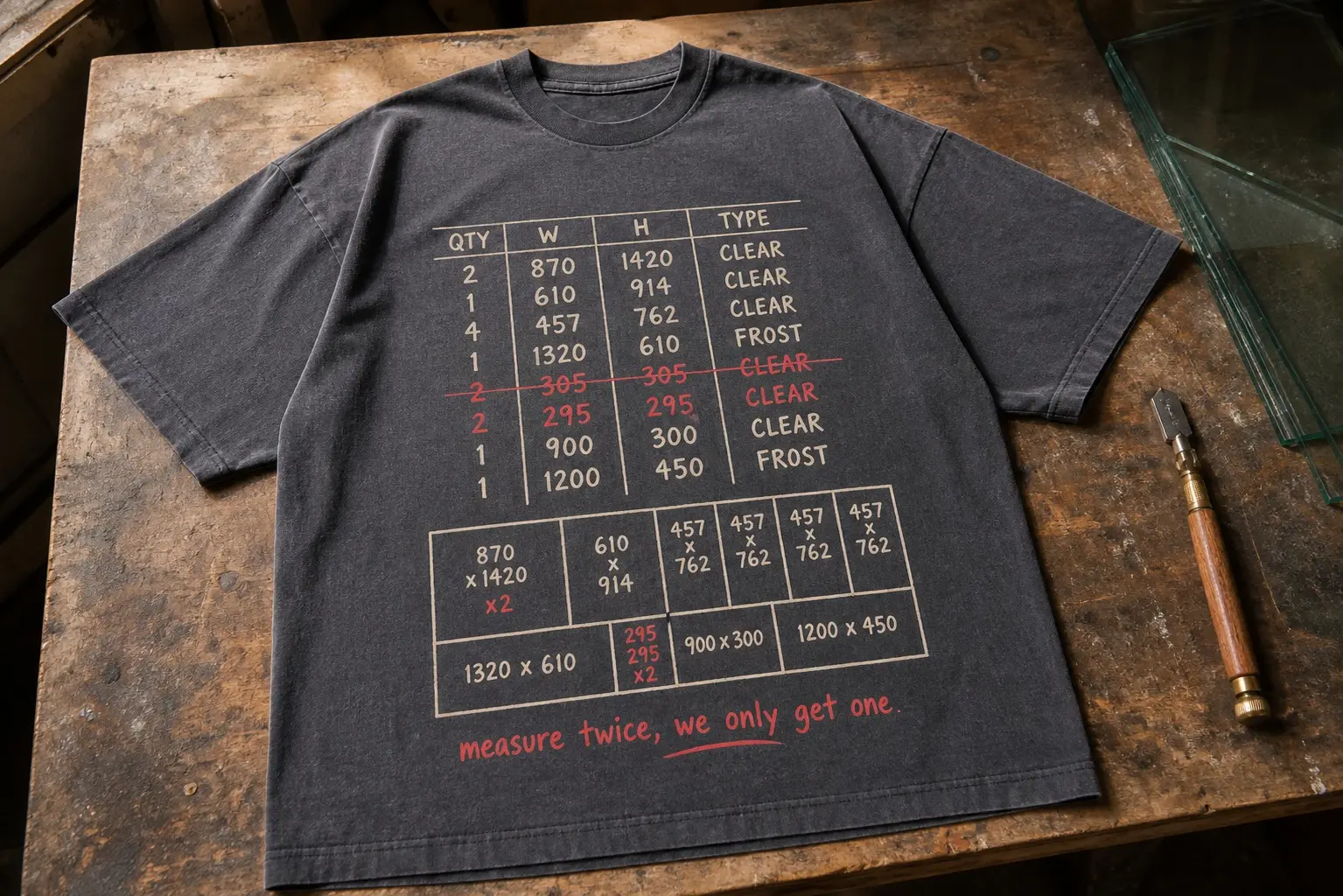 A charcoal tee printed with a ruled QTY / W / H / TYPE table of pane sizes in millimetres, one row struck through in red, a small nesting diagram of the cuts beneath, and the line "measure twice, we only get one" in red at the foot