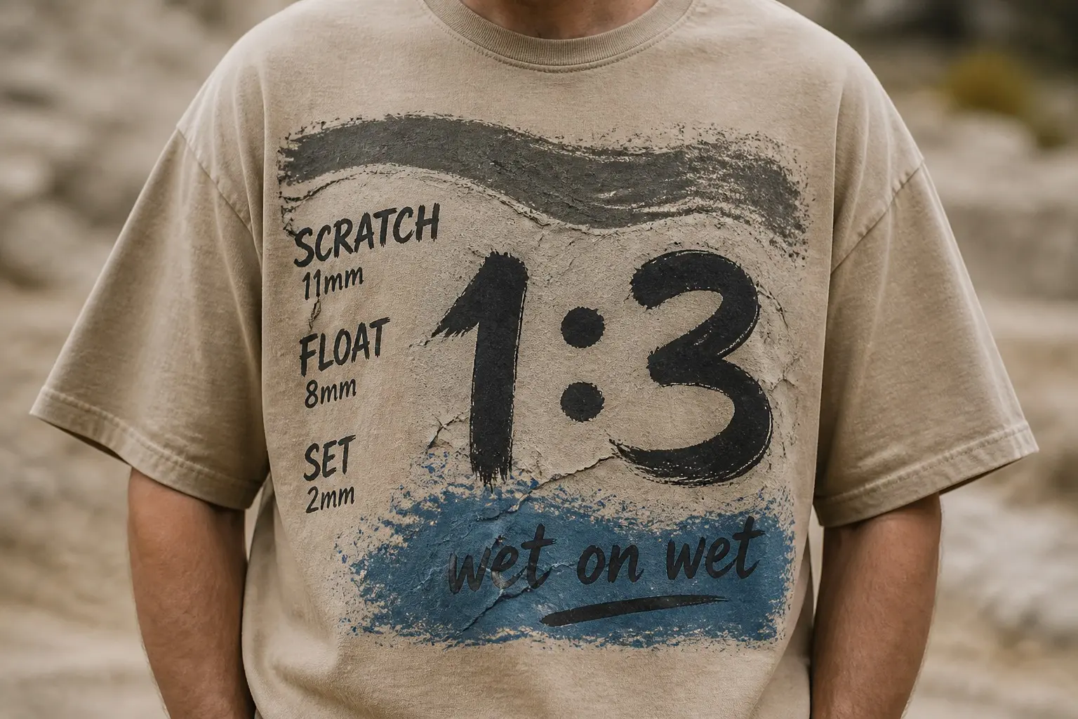 A sand tee printed with a cracked, part-sanded plaster surface texture, SCRATCH 11mm, FLOAT 8mm and SET 2mm listed down the left, the ratio 1:3 painted large in the middle, and "wet on wet" written beneath in a fast hand