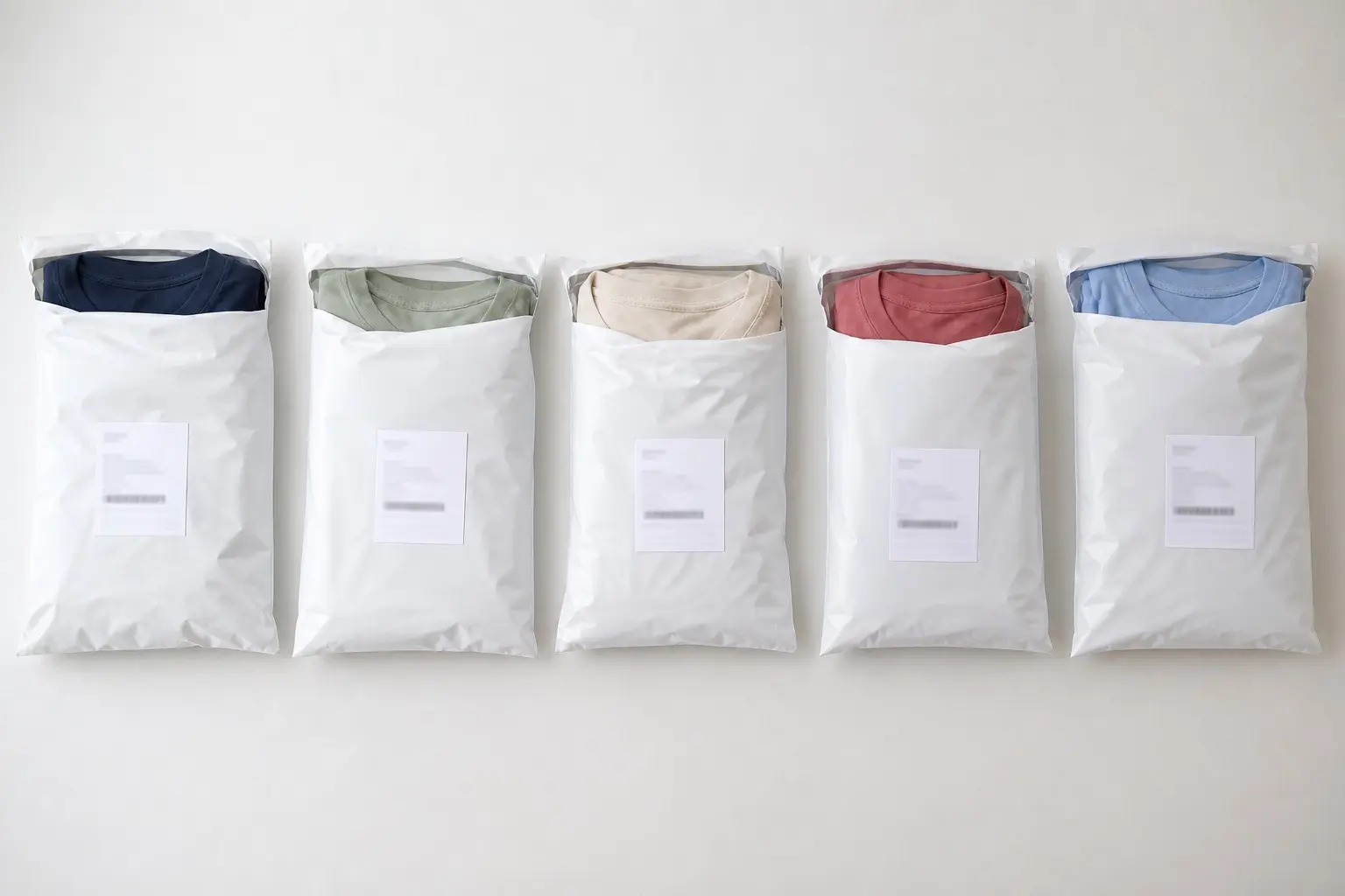 Five white poly mailers in a row, each holding a folded tee in a different colour — navy, sage, cream, brick and pale blue — with shipping labels attached