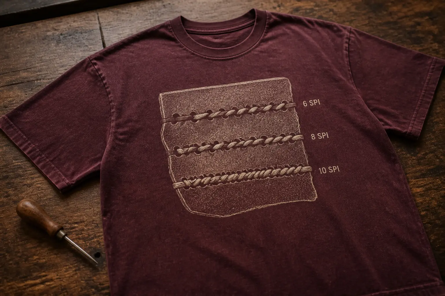 An oxblood tee printed with three parallel bands of hand stitching in tonal cream thread, drawn at three densities and labelled 6 SPI, 8 SPI and 10 SPI.