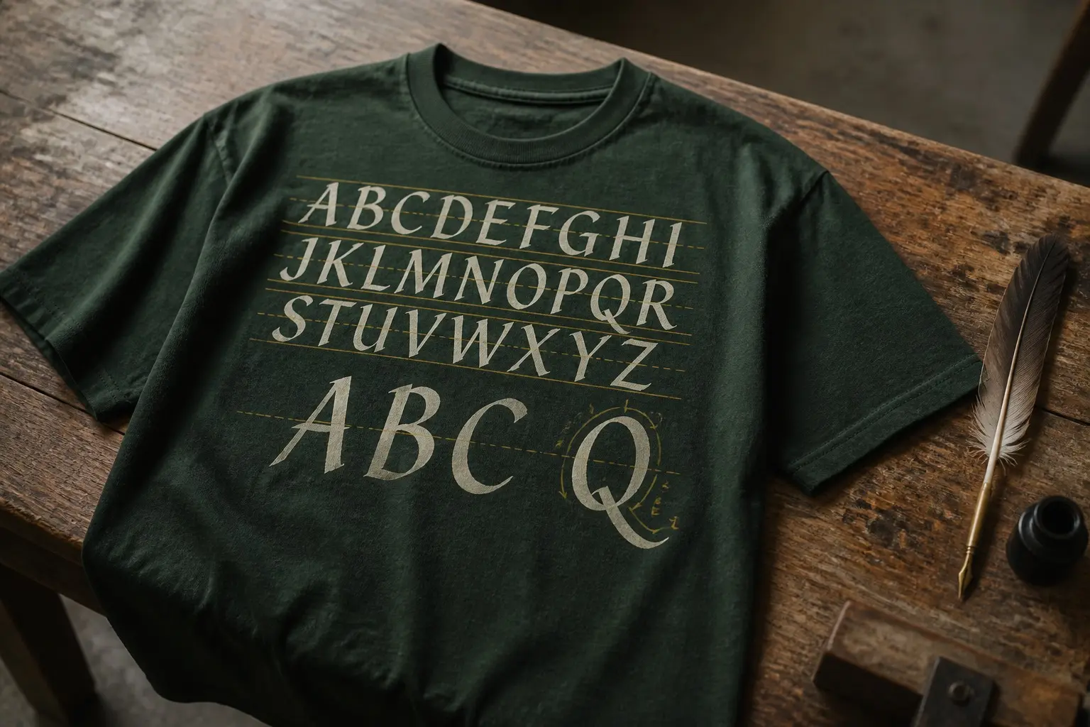 A deep green tee printed in cream with a full painted alphabet A to Z across three lines, a large ABC beneath it, and a single oversized Q set apart from the rest