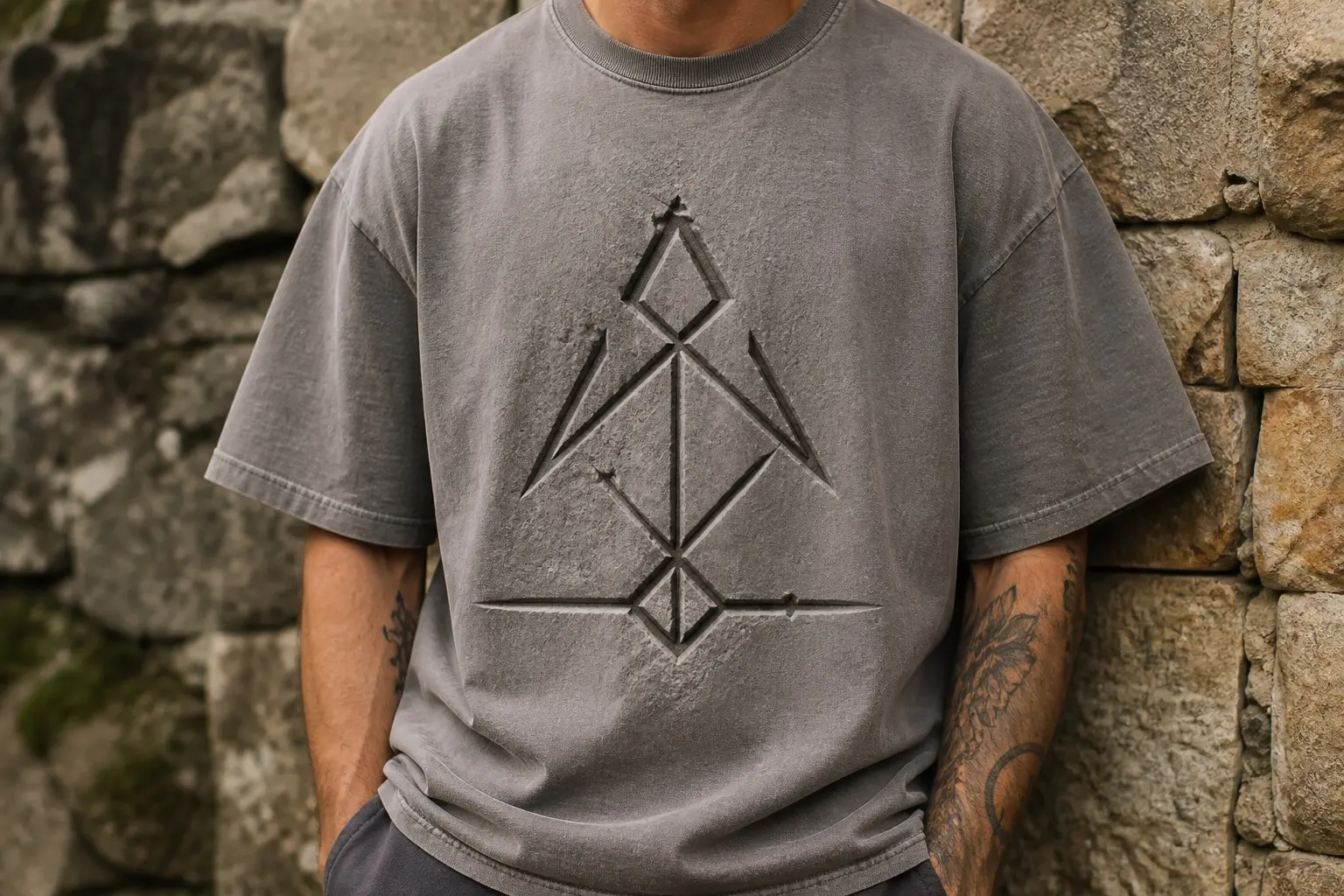 A grey tee with a single angular mason's mark incised into the fabric surface across the chest, made entirely of straight cuts, with no lettering anywhere