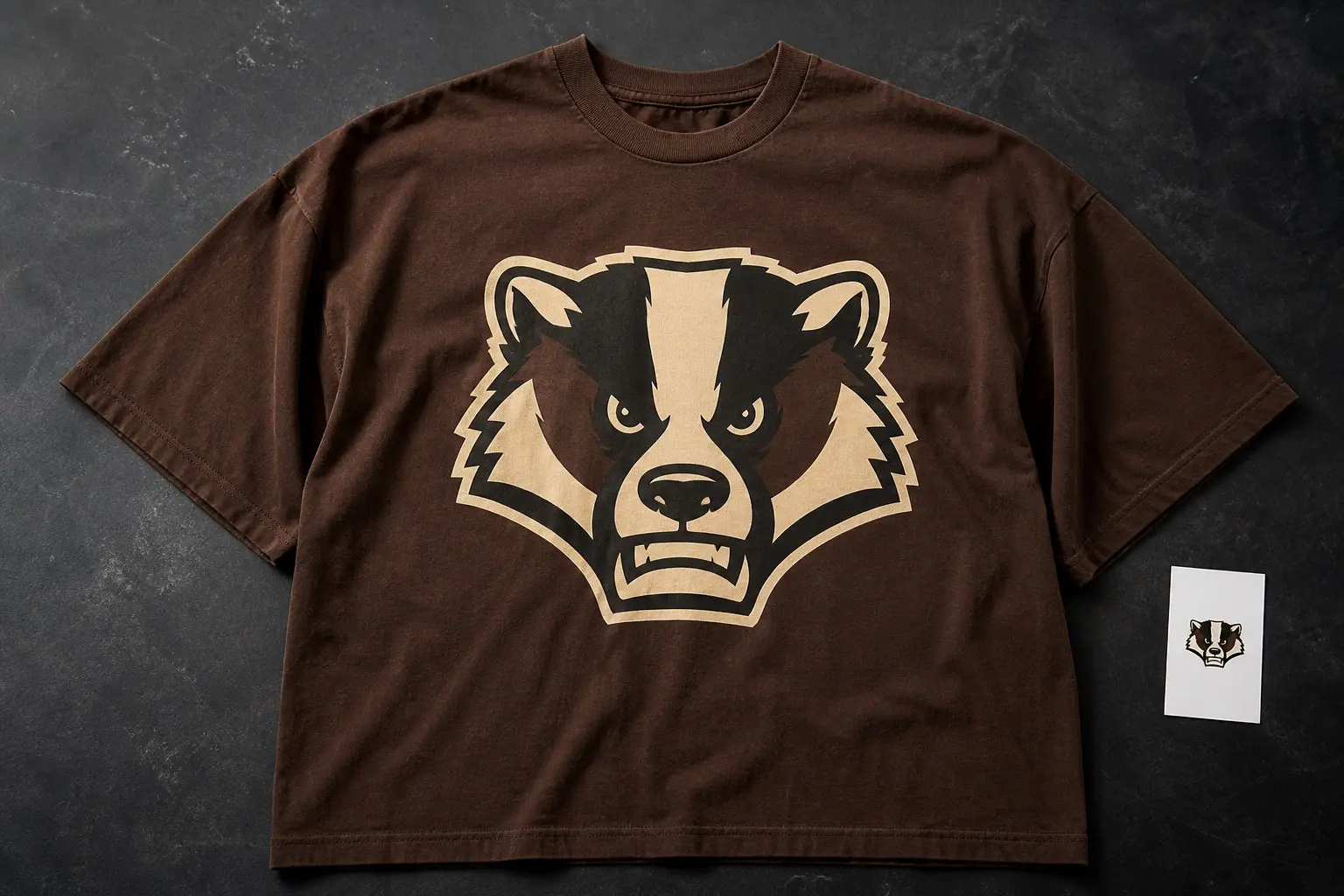 A brown boxy tee printed with a two-colour badger head mascot, beside a business card carrying the identical mark shrunk to thumbnail size