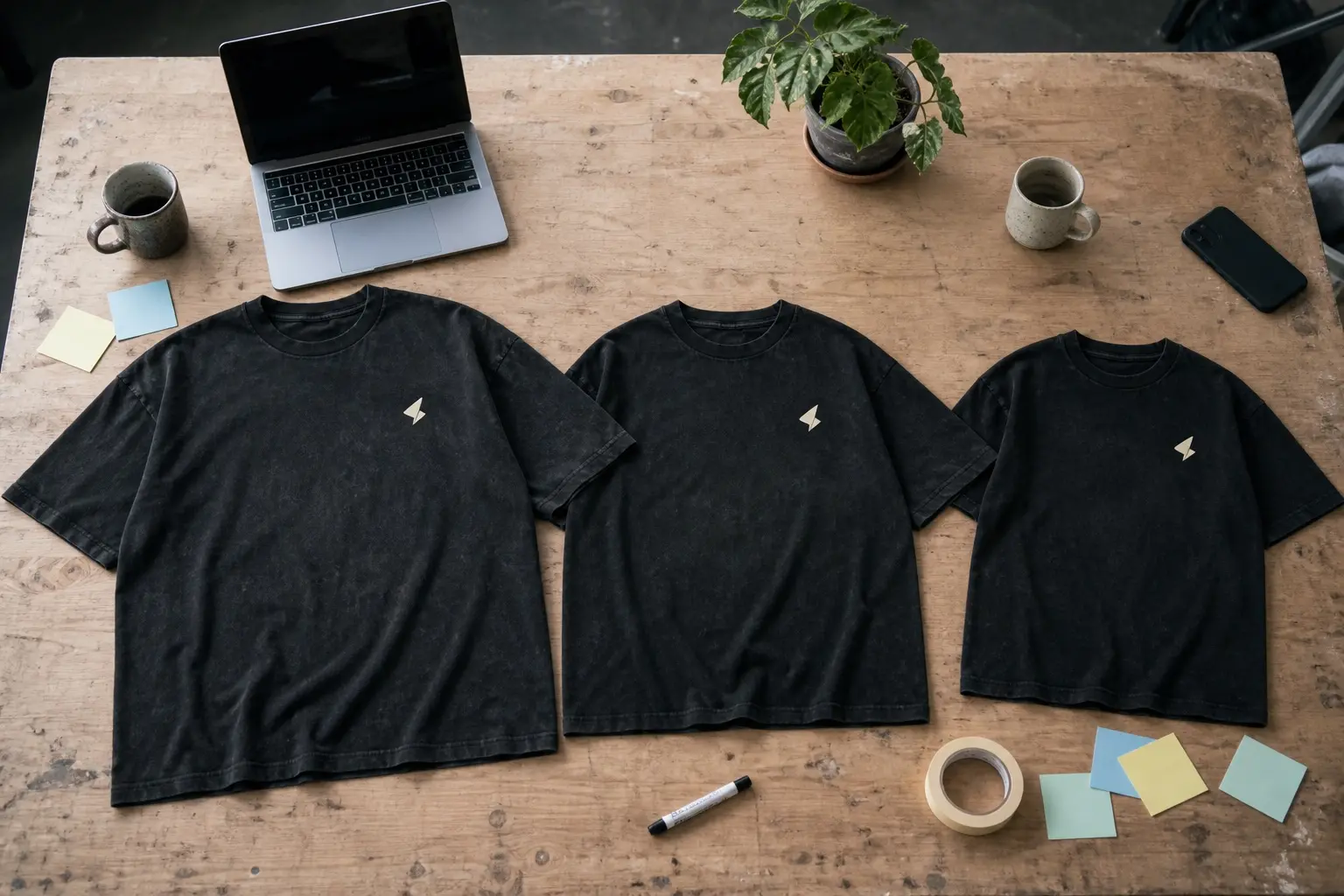 Three boxy black t-shirts with a small chest print, laid out on a plywood desk among laptops, mugs and a whiteboard marker