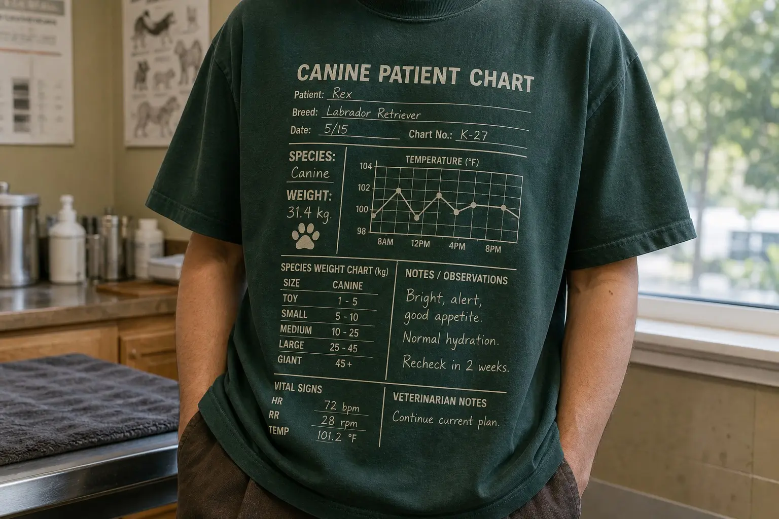 A person wearing a bottle green tee in a consulting room, printed with a veterinary patient chart — species, breed and weight fields, a temperature graph, and handwritten notes reading bright, alert, good appetite