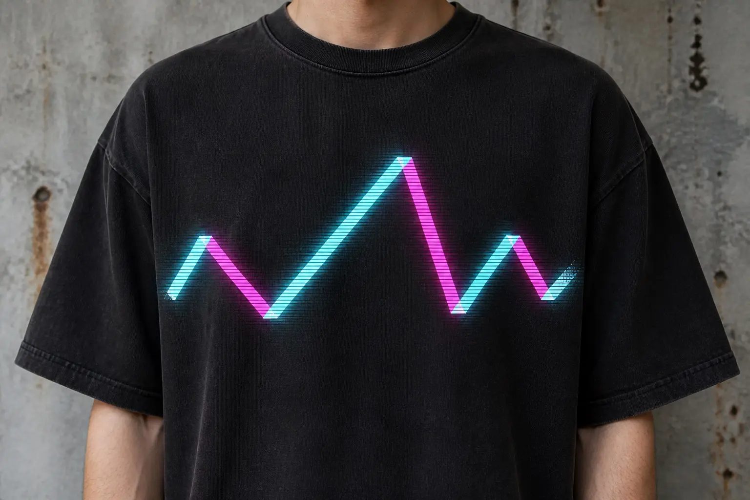 A near-black tee printed with a chain of seven links in pale cyan and magenta under a CRT-style glow, crossing the full width, each link a different length and angle, joined by small solid squares, the third link drawn far longer than the others, and the last link fading out before it reaches the edge, no text.