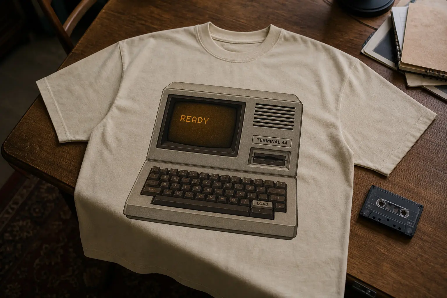 A beige tee flat on a desk beside a cassette, printed as a beige terminal with an amber CRT showing the single word READY, a cassette drive slot beneath, a brown keyboard, ventilation slots, and a moulded badge
