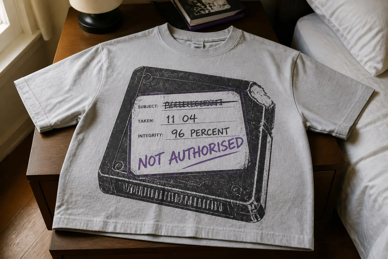 A pale-grey tee flat on a bedside table, printed in charcoal and one violet risograph with a large, slightly angled solid-state cartridge, its shell scuffed with one corner chipped, and a hand-filled paper label across its face reading SUBJECT beside a struck-through name, TAKEN 11 04, INTEGRITY 96 PERCENT, and NOT AUTHORISED written across the bottom at an angle.